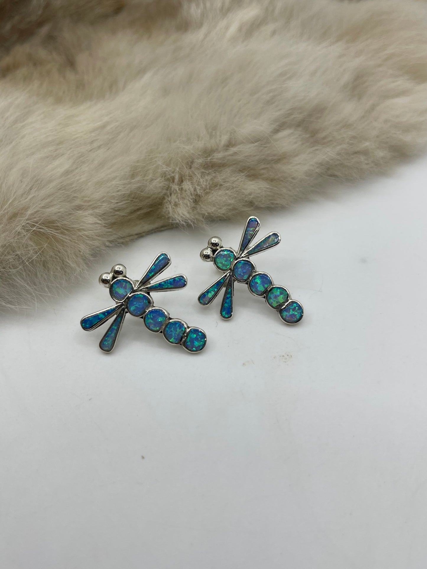 Blue Opal Dragonfly Earrings by Emma Edaakie, Zuni