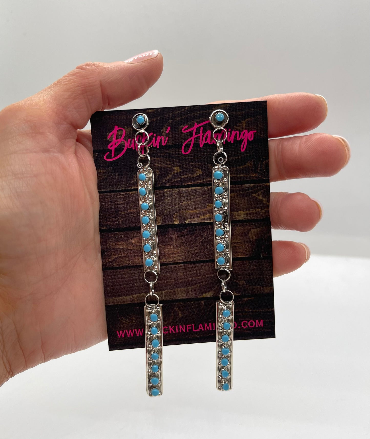 4" Long Turquoise Snake Eye Post Dangle Earrings by Marlon Quam, Zuni