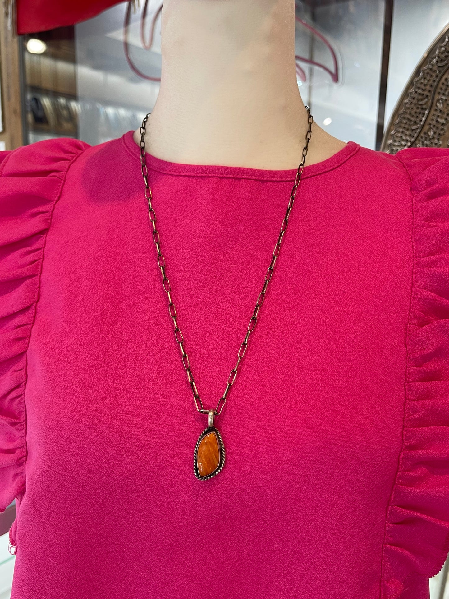 Spiny Oyster Pendant by Johnny Dixon, Navajo 24" Chain by Sally Shurley, Navajo