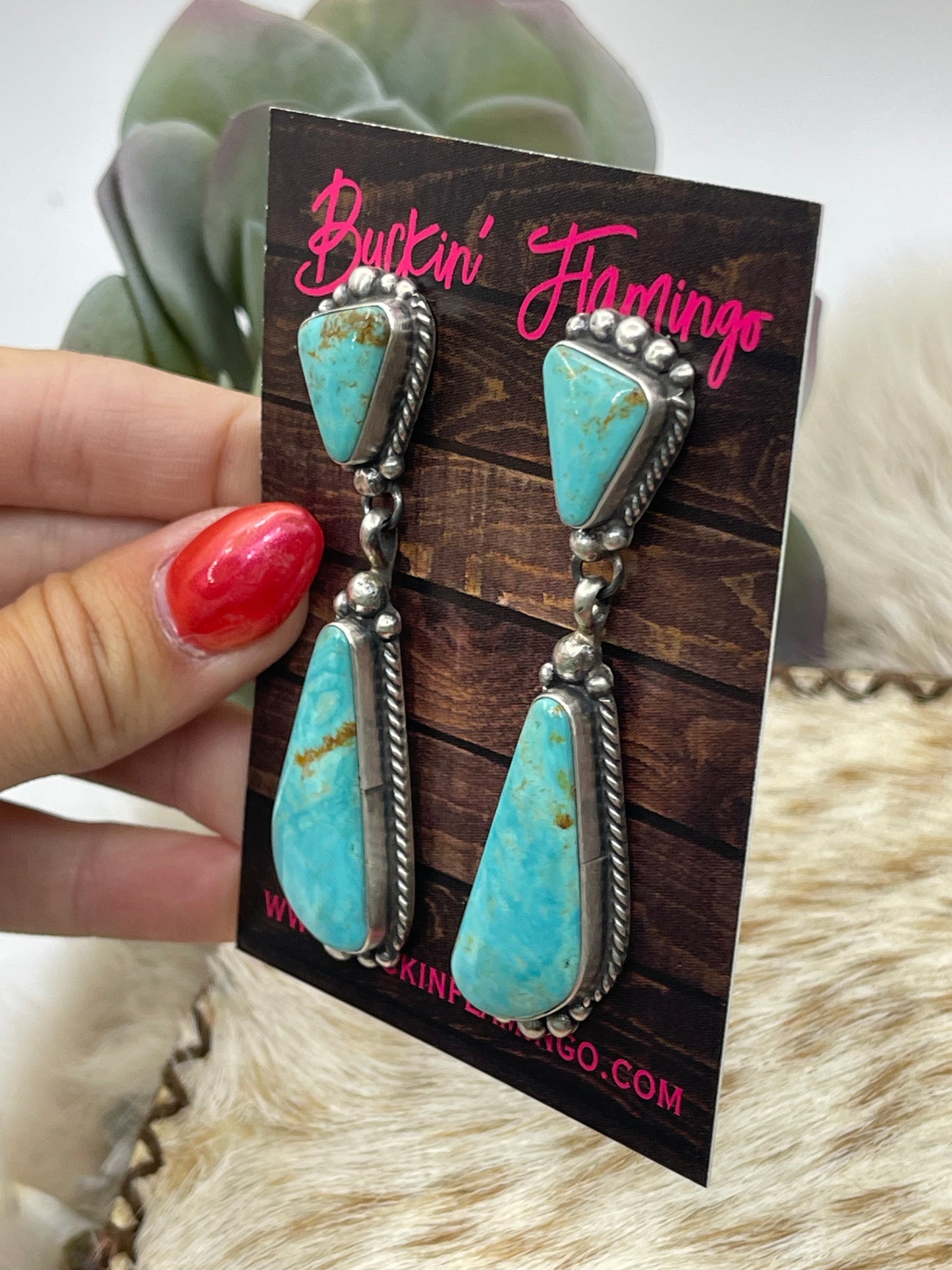 2 Stone Kingman Turquoise Drop Post Dangle Earrings by Elouise Kee, Navajo