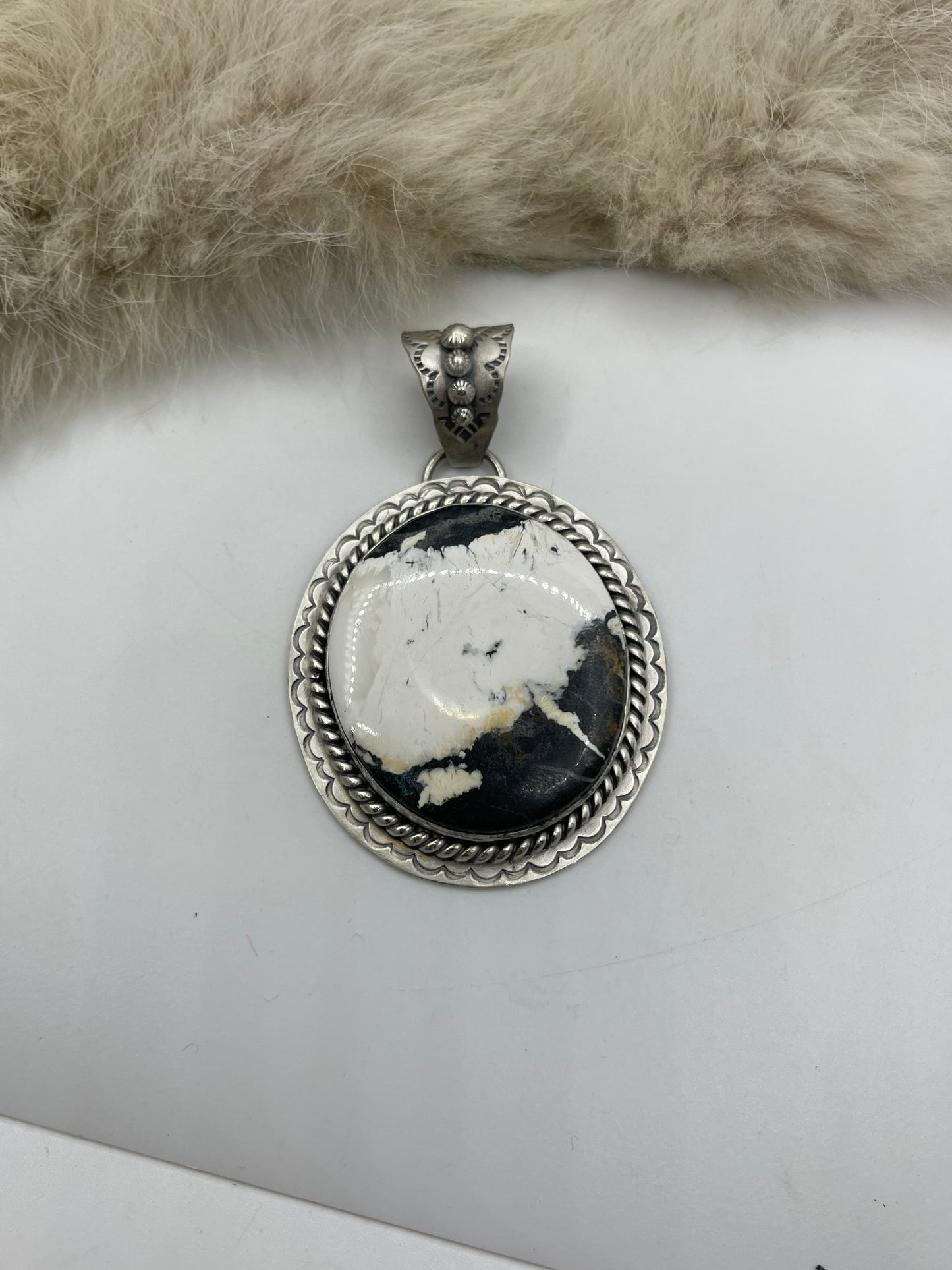10mm Bale White Buffalo Pendant with Stamped "L" by Artist