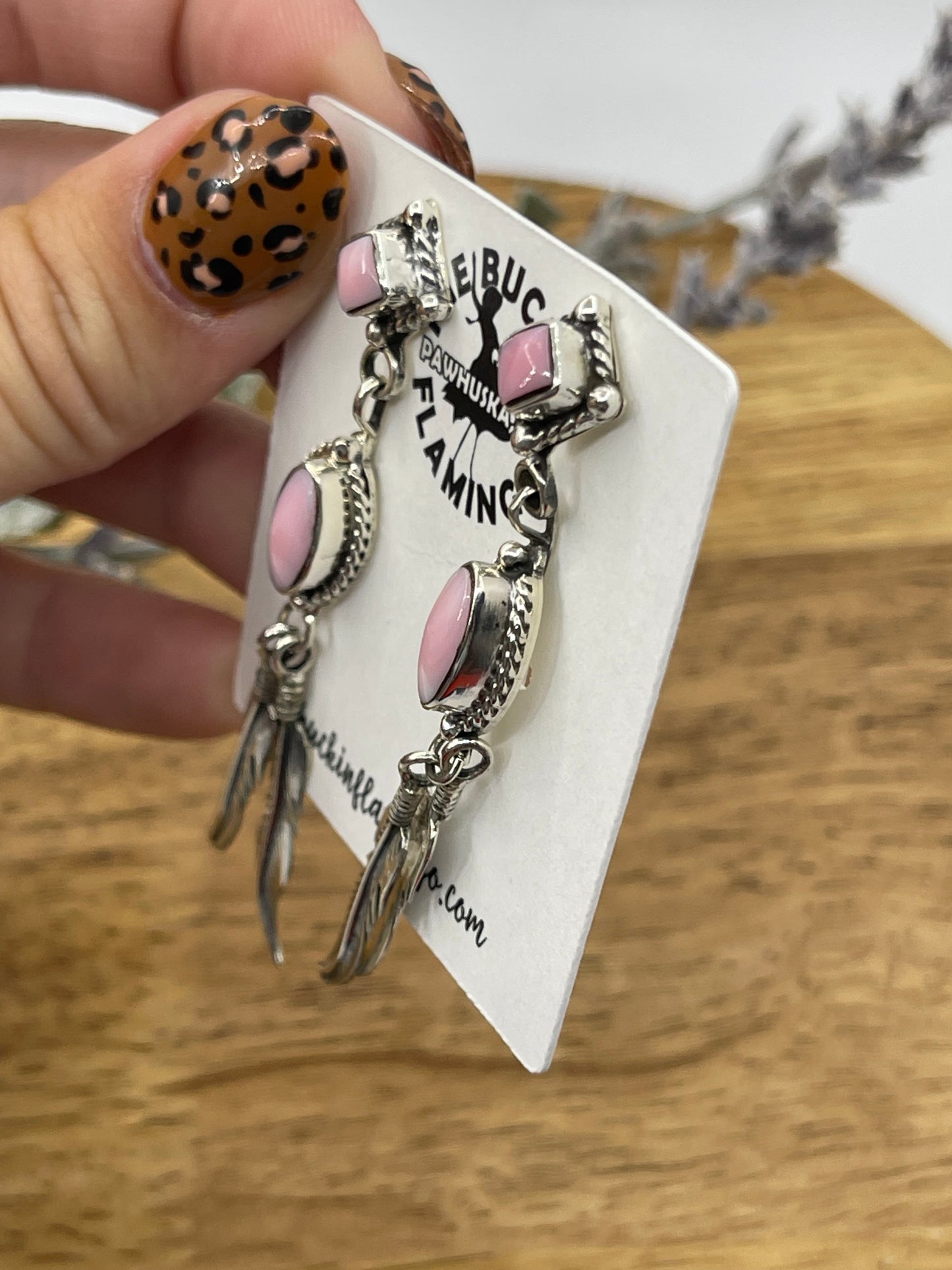 Pink Conch Shell Double Feather Dangle Post Earrings by Sadie Jim, Navajo