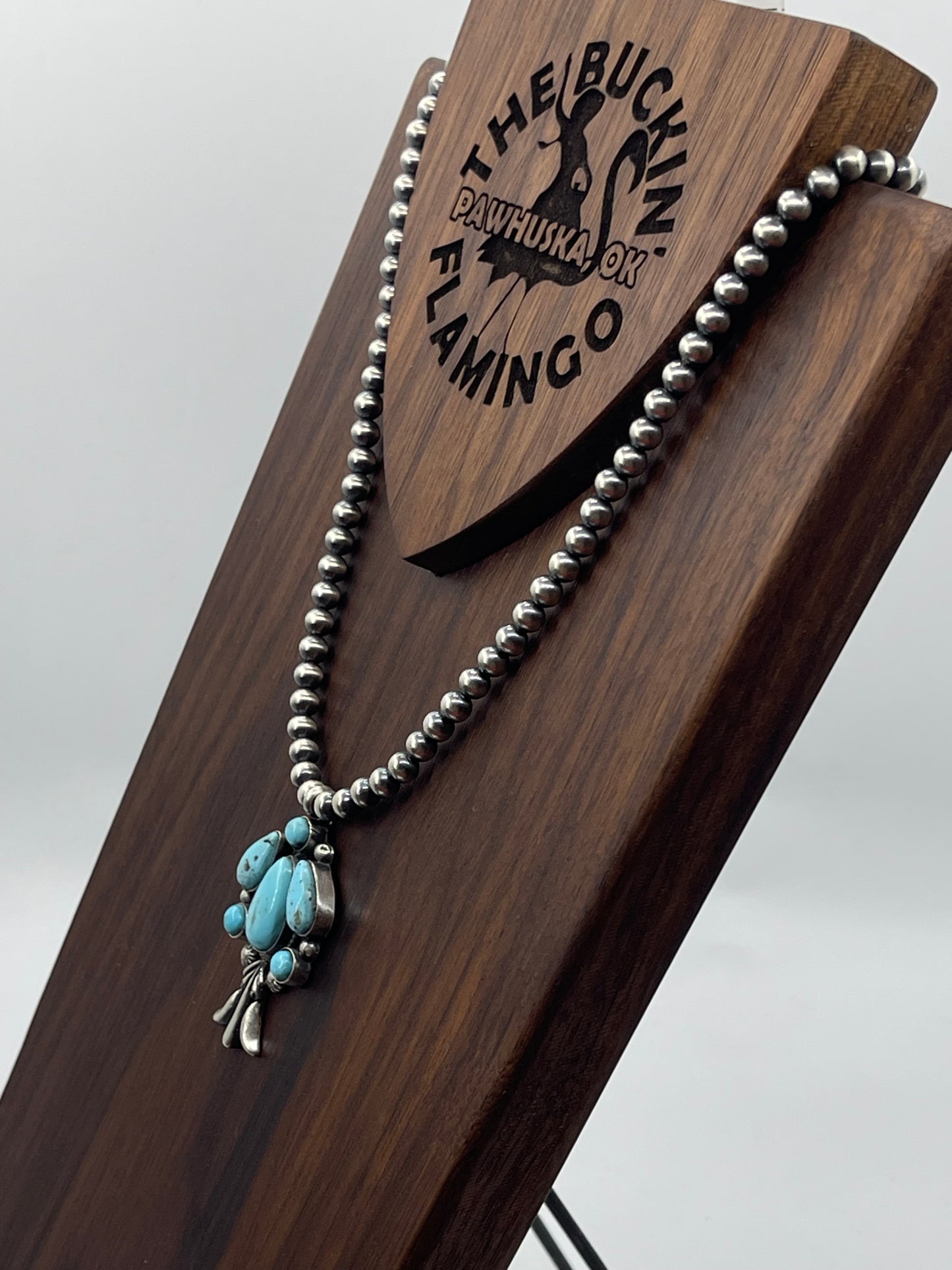 16" 6mm Navajo Pearls and Turquoise Blossom Necklace by Bobby Platero, Navajo