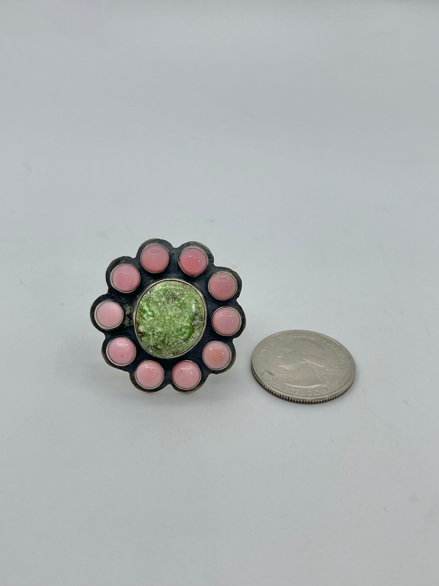 6.0 Circle Royston Turquoise And Pink Conch Ring