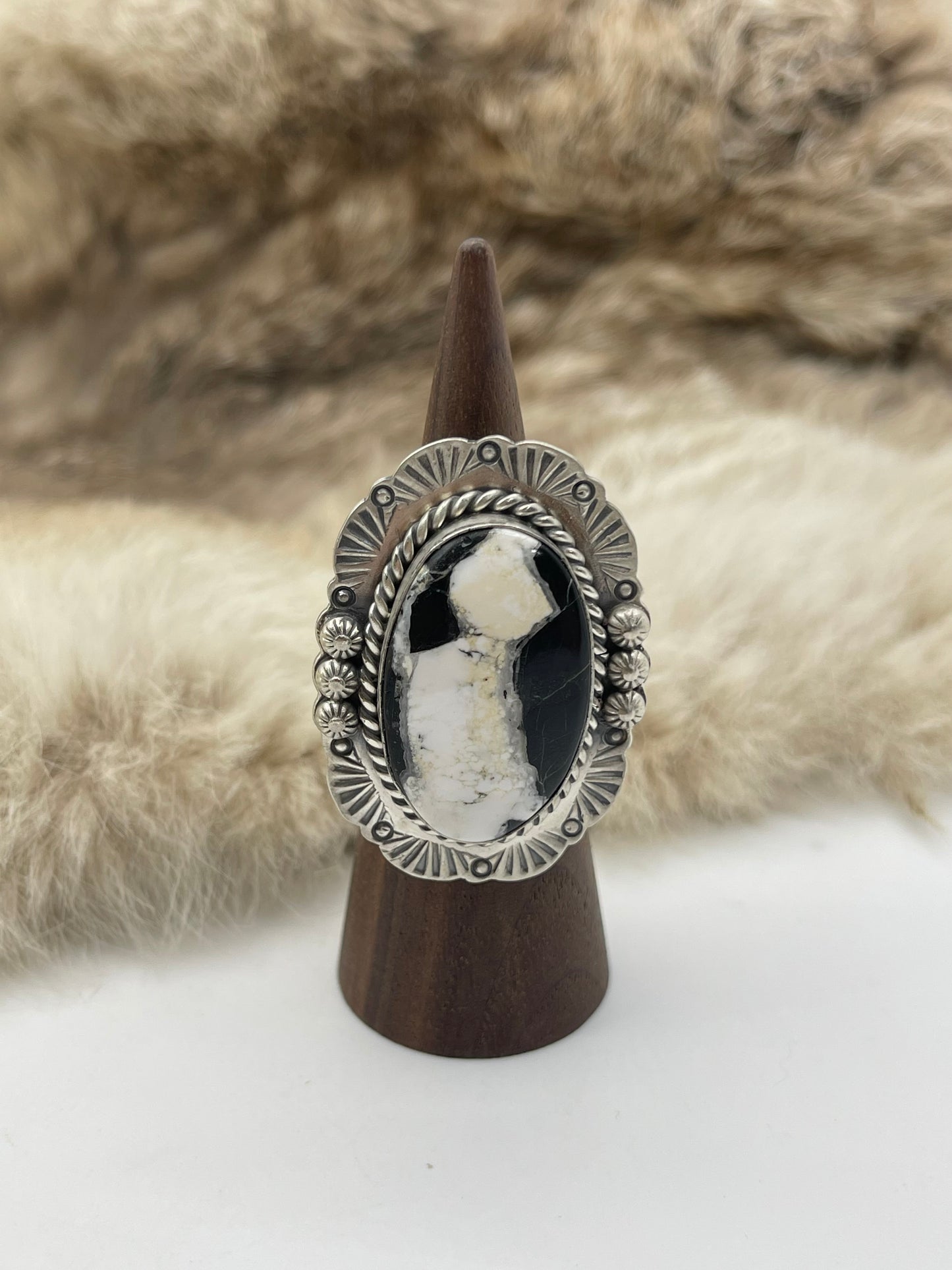 Adjustable 7.0-10.0 White Buffalo Ring with Stamped "L" by Artist