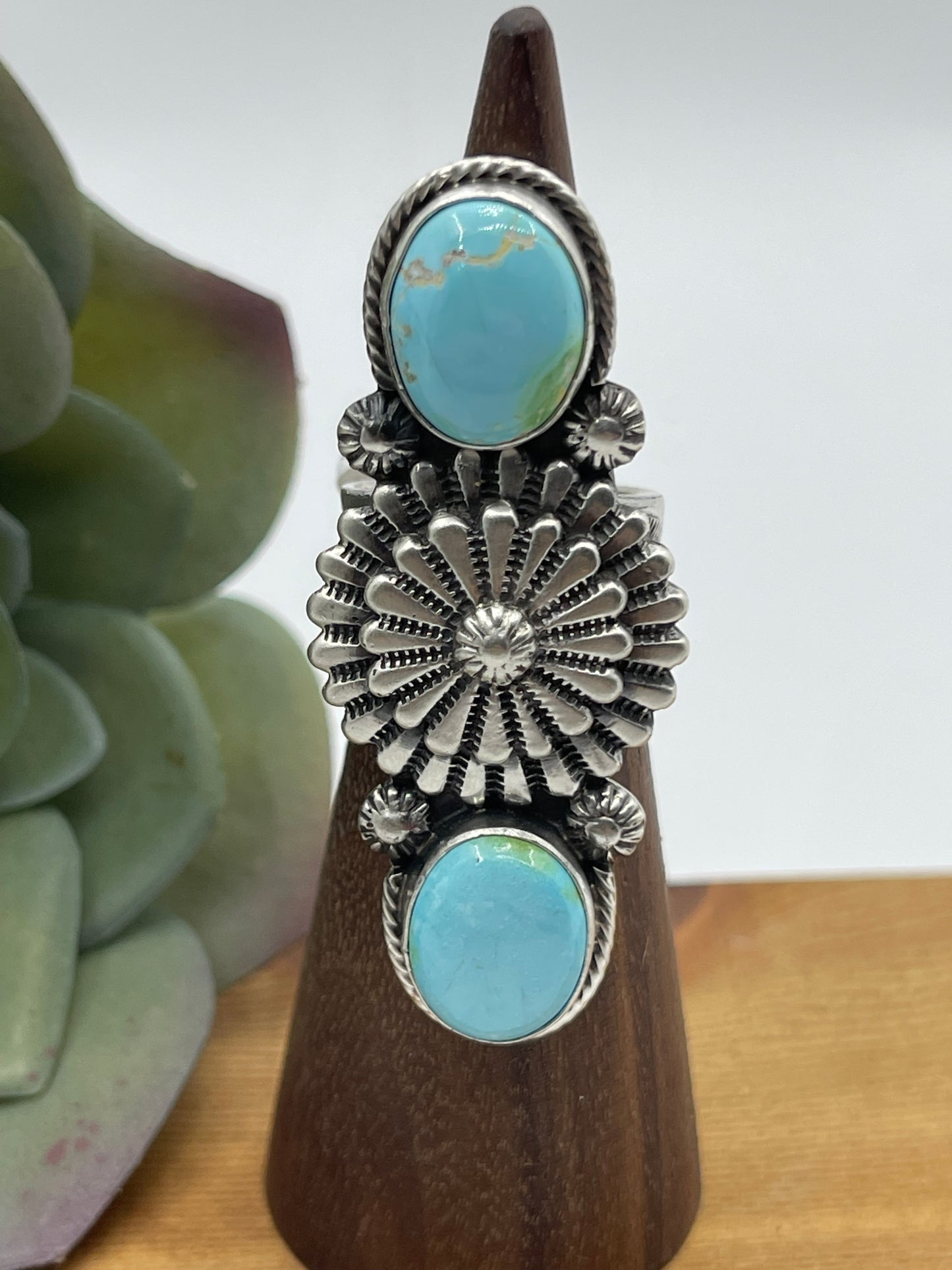 LOT 28 B 1/11 6.0 2 Stone Sonoran Gold Turquoise Ring by Samuel Yellowhair, Navajo