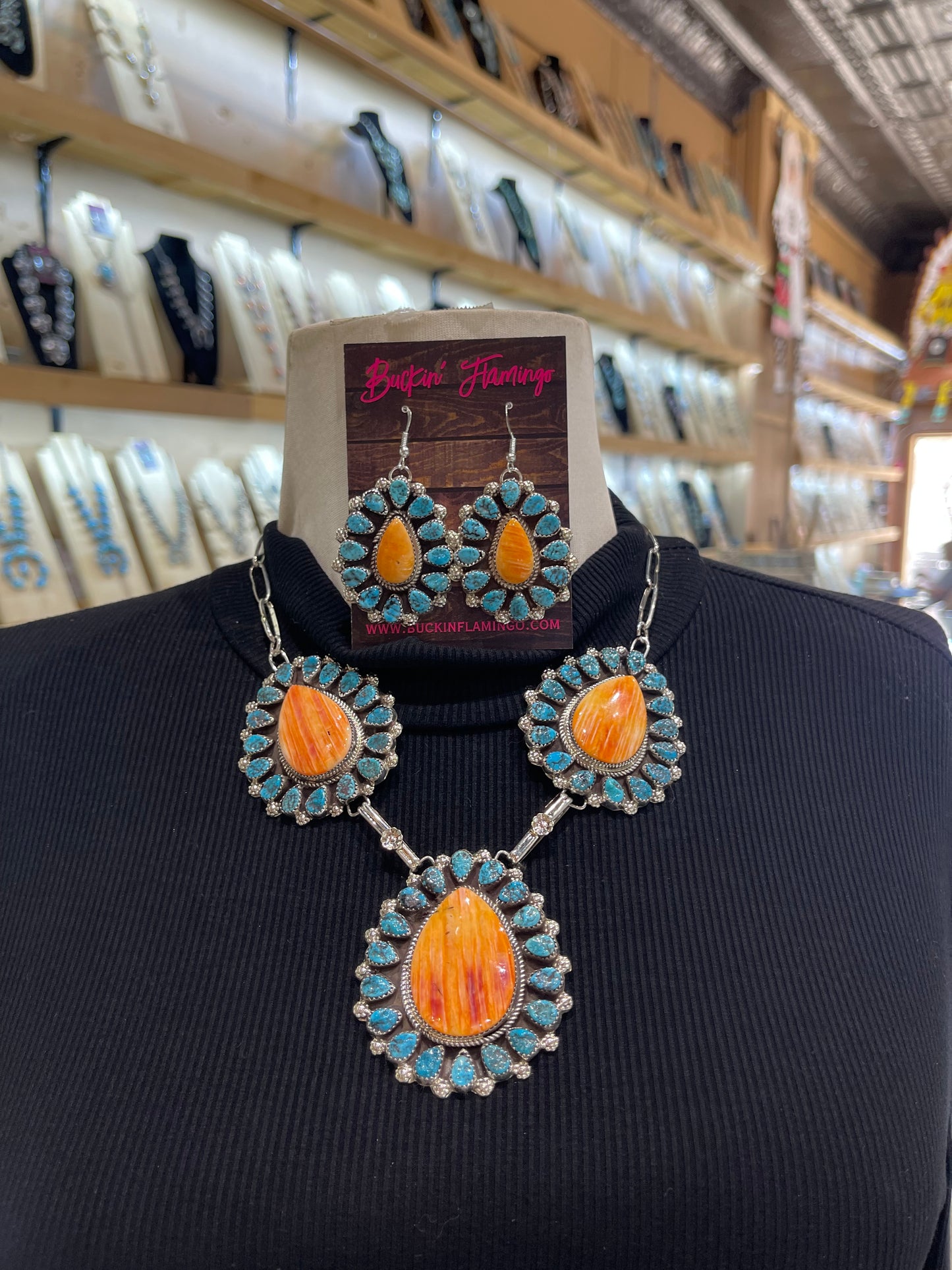 18" Spiny Oyster & Turquoise Cluster Necklace & Earring Set by Darlene Begay, Navajo