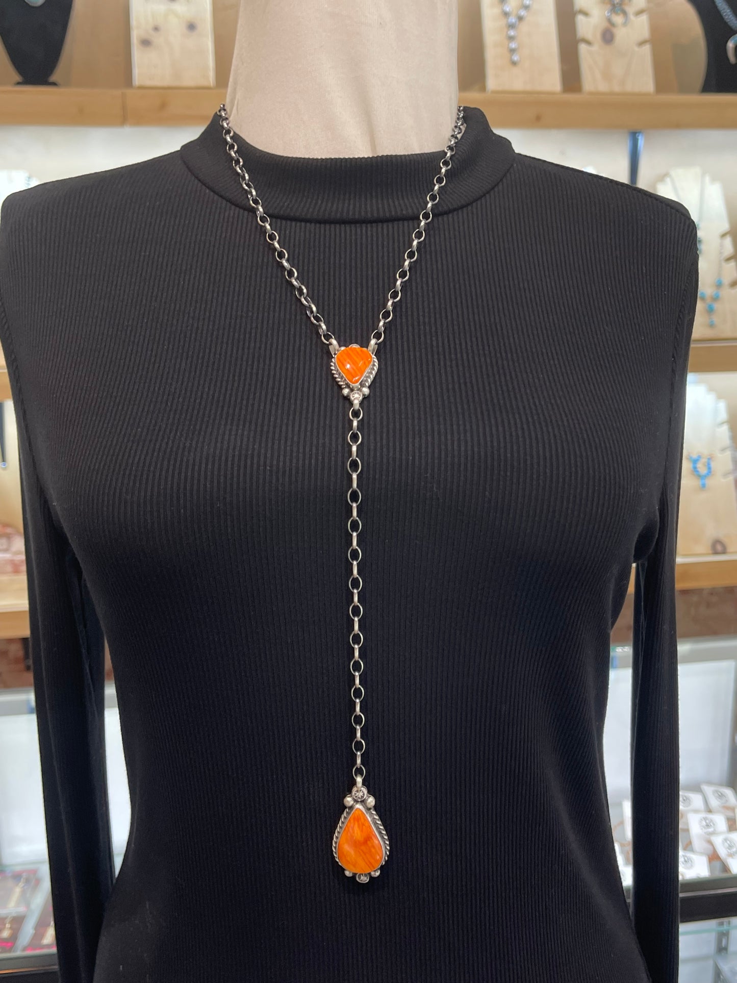 20" + 9" Drop Orange Spiny Oyster Necklace by Augustine Largo, Navajo