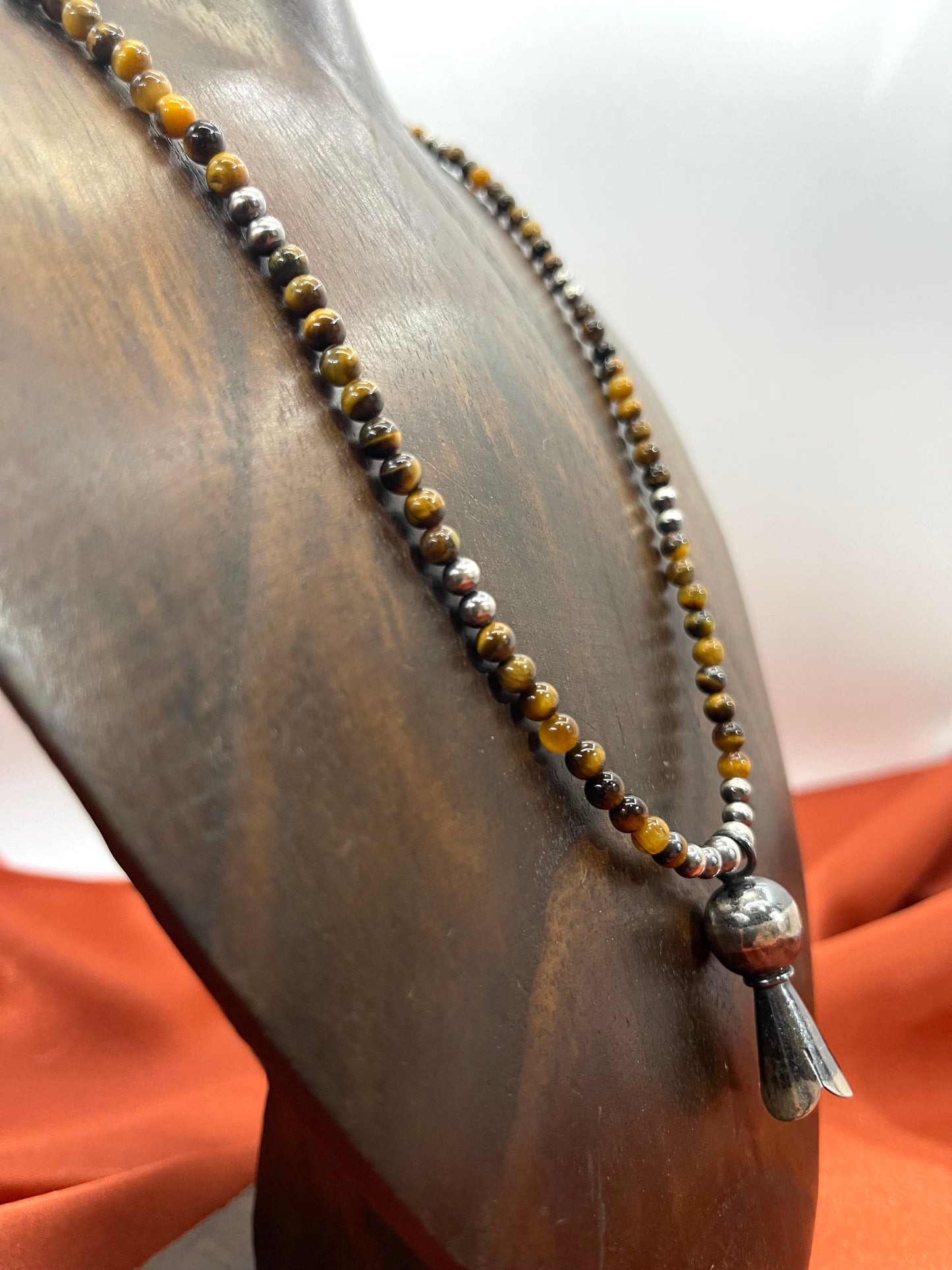 4.5mm 18" Tigers Eye Beads Necklace with Blossom