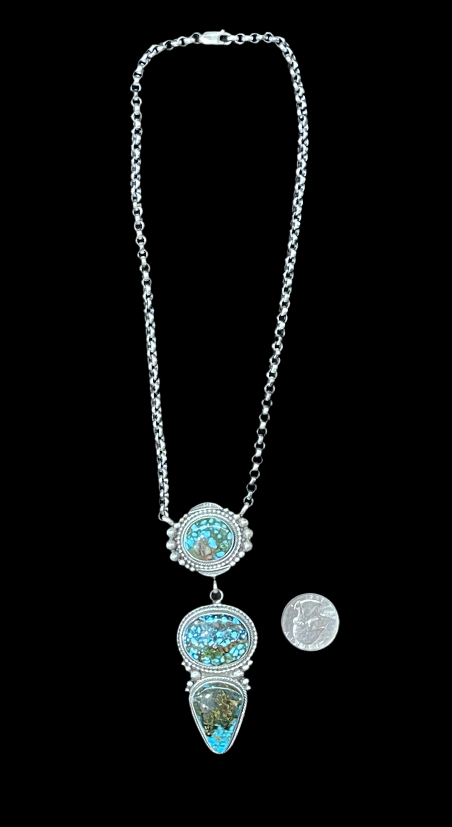16" High Grade Kingman Turquoise 3 Stone Drop Necklace by Tom Lewis, Navajo