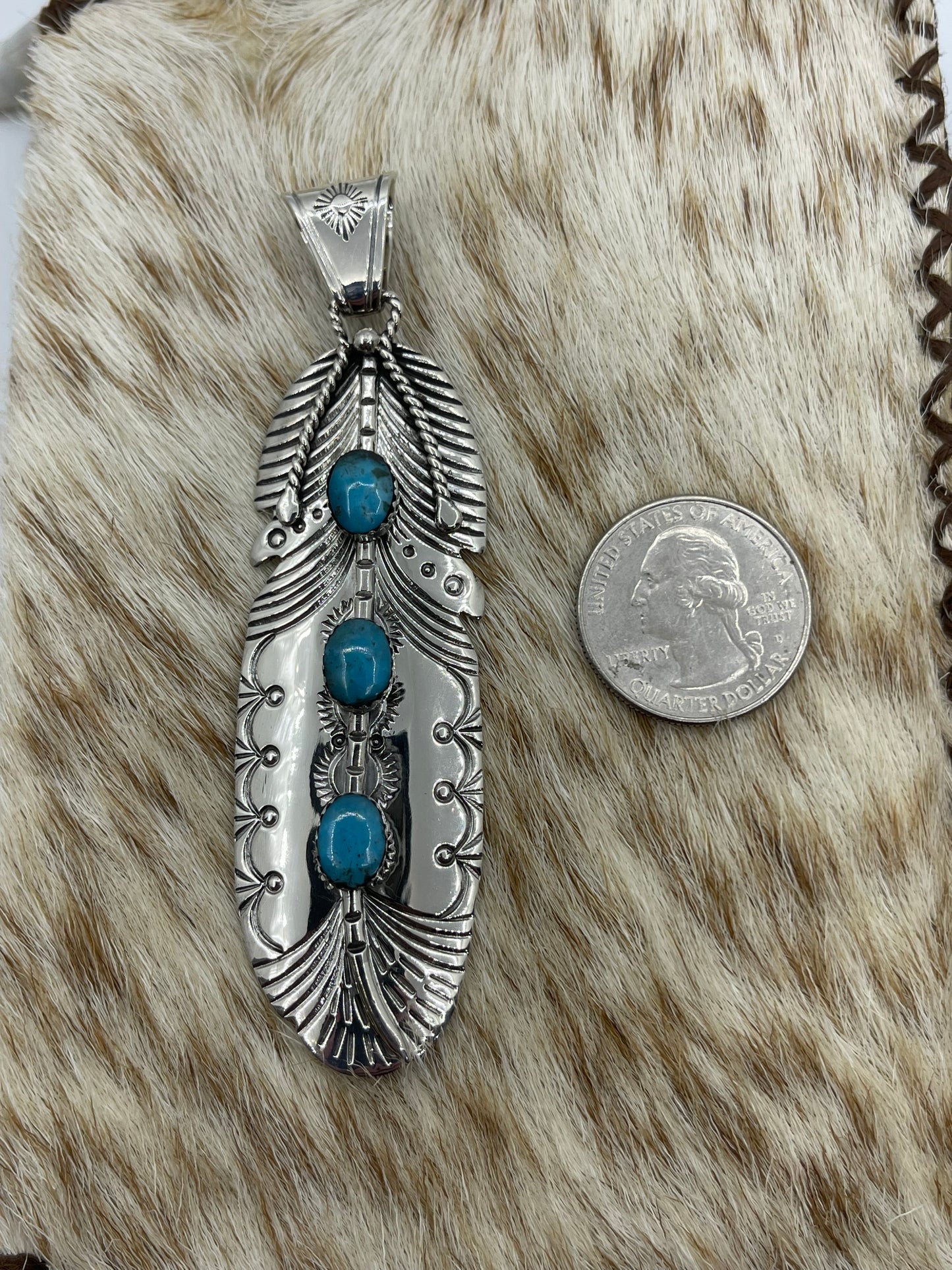 Stamped Feather Pendant with 3 Turquoise Stones