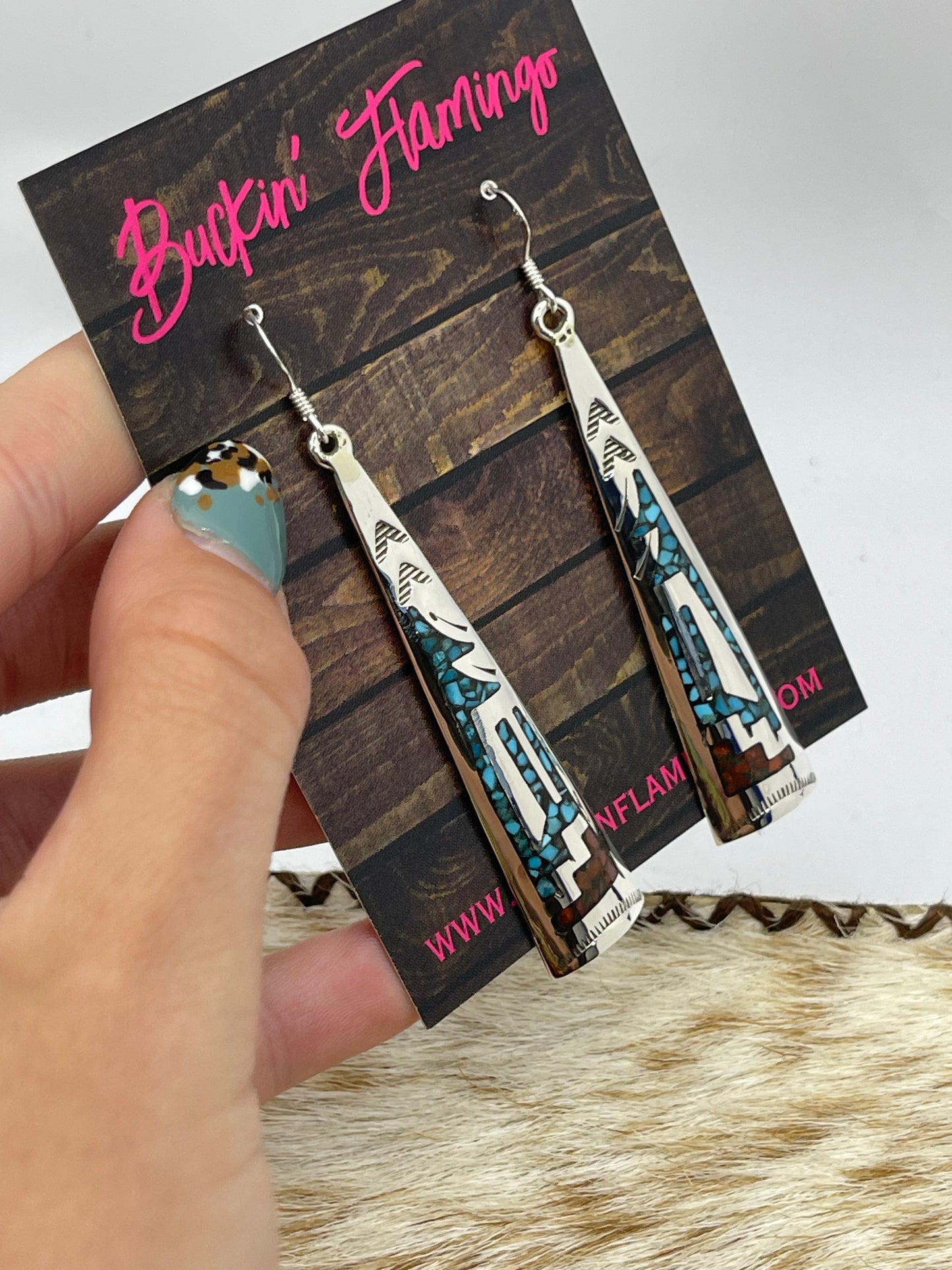 Turquoise and Coral Chip Inlay Dangle Earrings by Jolene Yazzie, Navajo