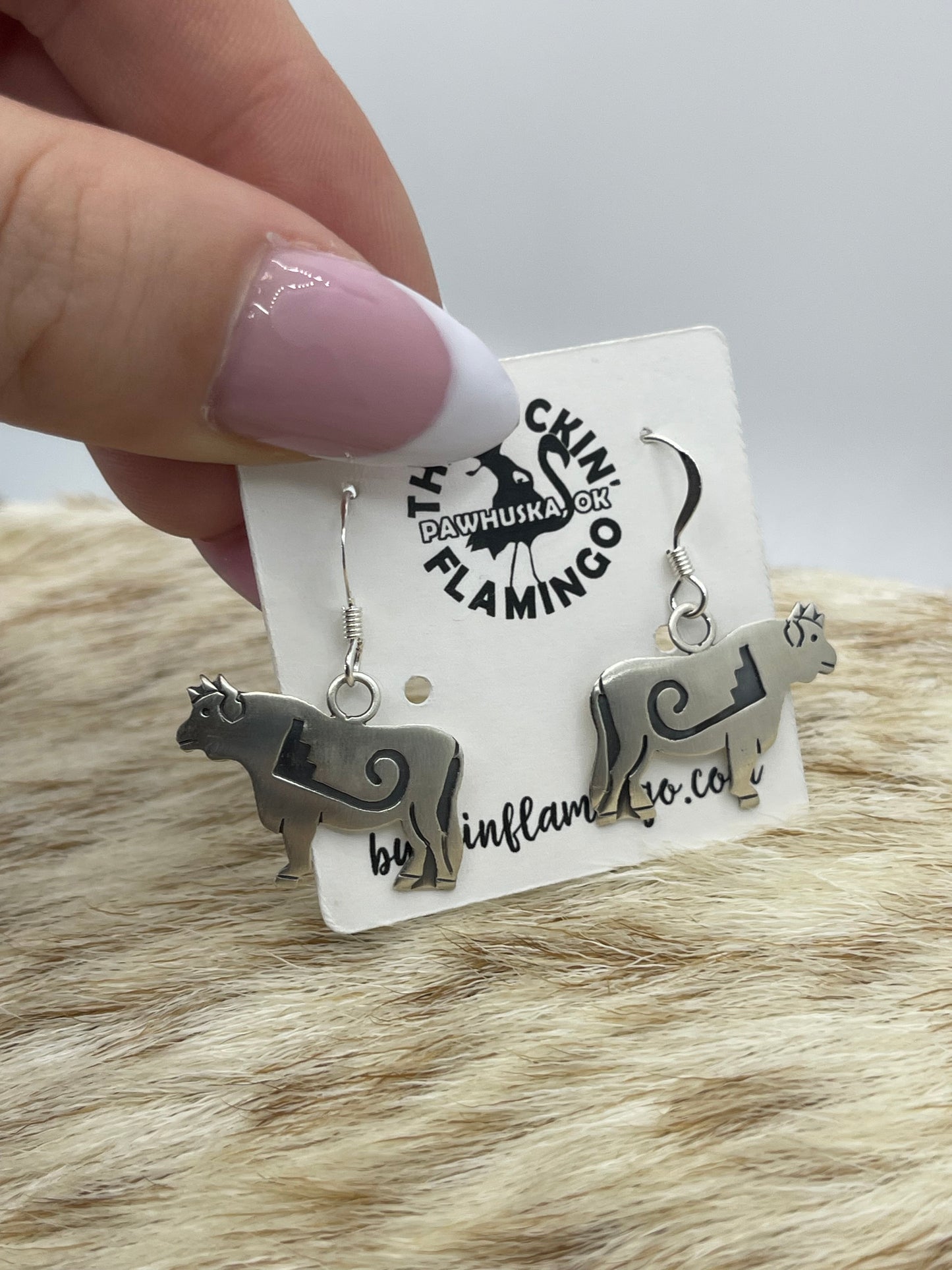 LOT 72 B 5/24 Cow Steer or Bull Silver Overlay Dangle Earrings by Robert Gene, Navajo