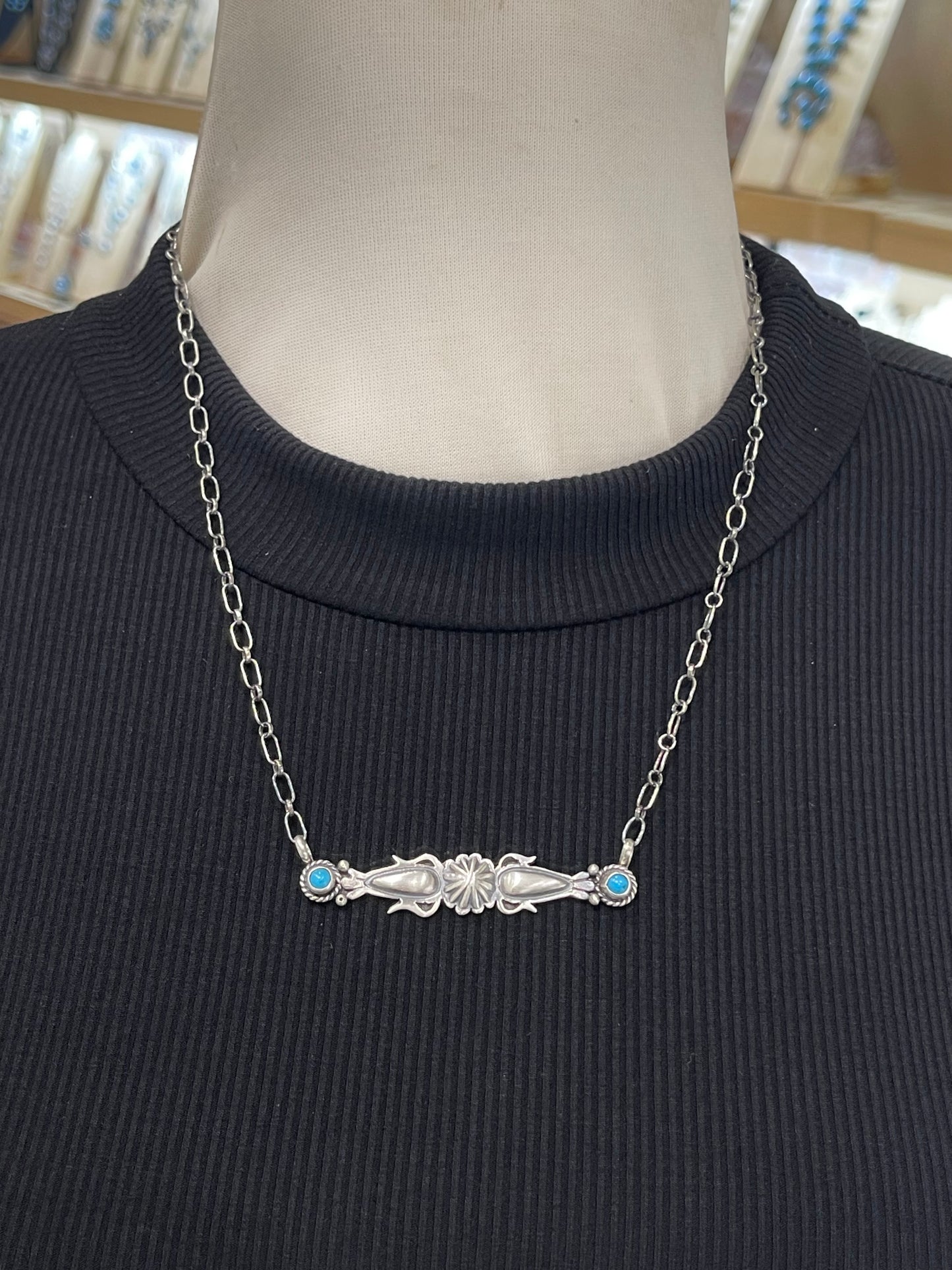 18" Silver Bar Necklace With Turquoise By Marita Benally, Navajo