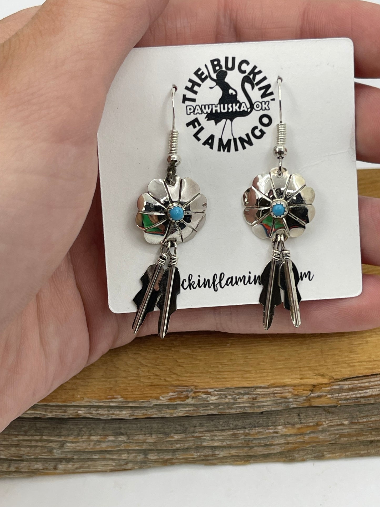 Dangle Concho Feather Earrings with Turquoise Stone by Cornelia Yazhe, Navajo