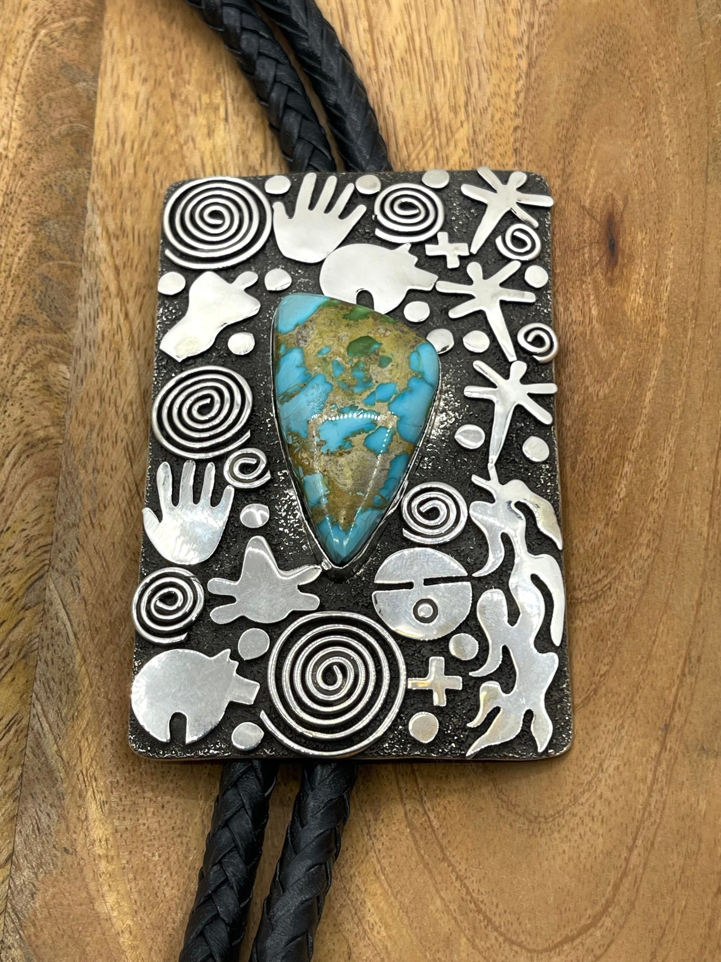 Sonoran Gold Turquoise and Petroglyph Bolo Tie by Alex Sanchez, Navajo