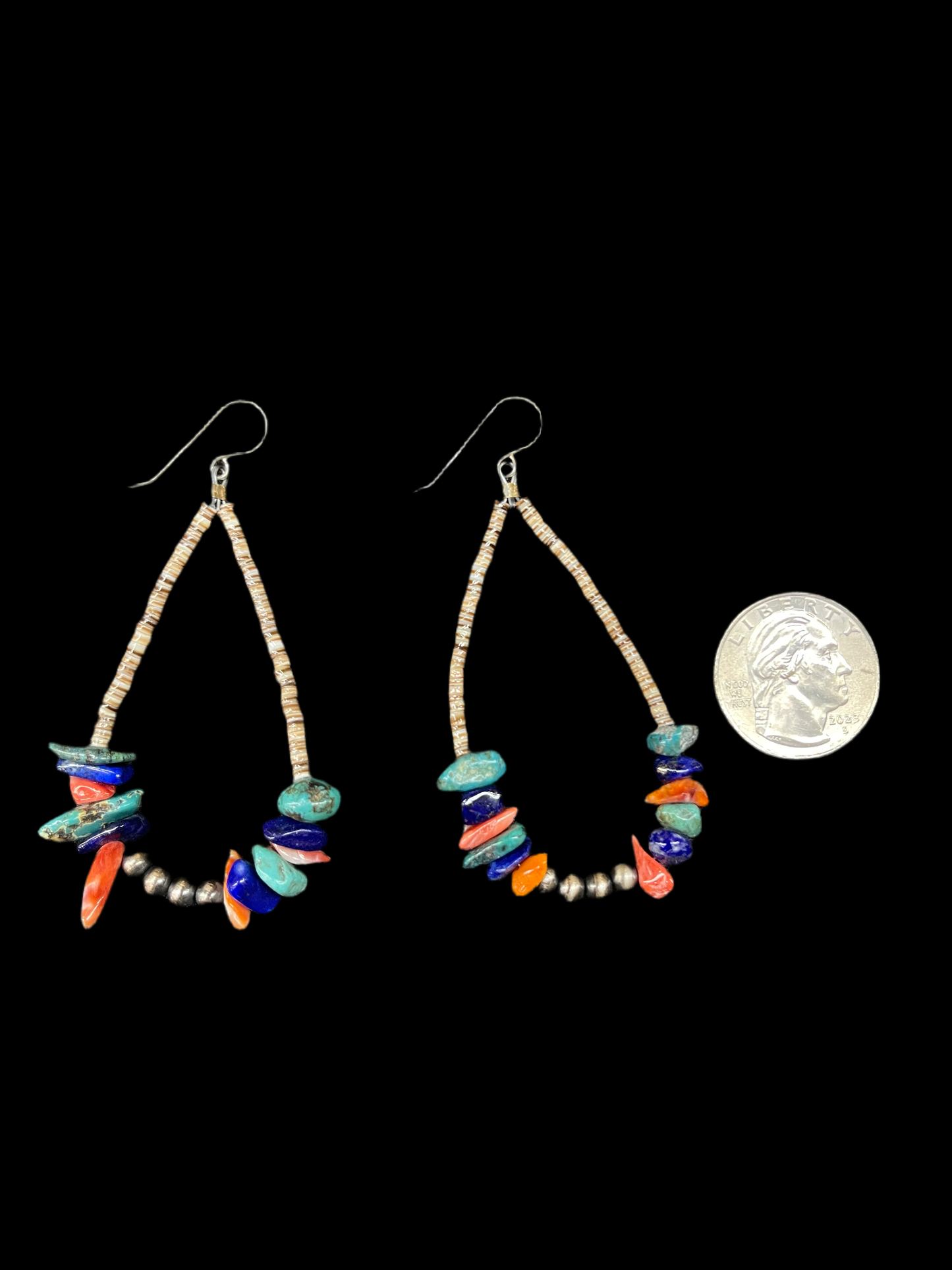 Melon Shell, Multi Stone Natural Cut Beads, and 3mm Navajo Pearl Dangle Earrings