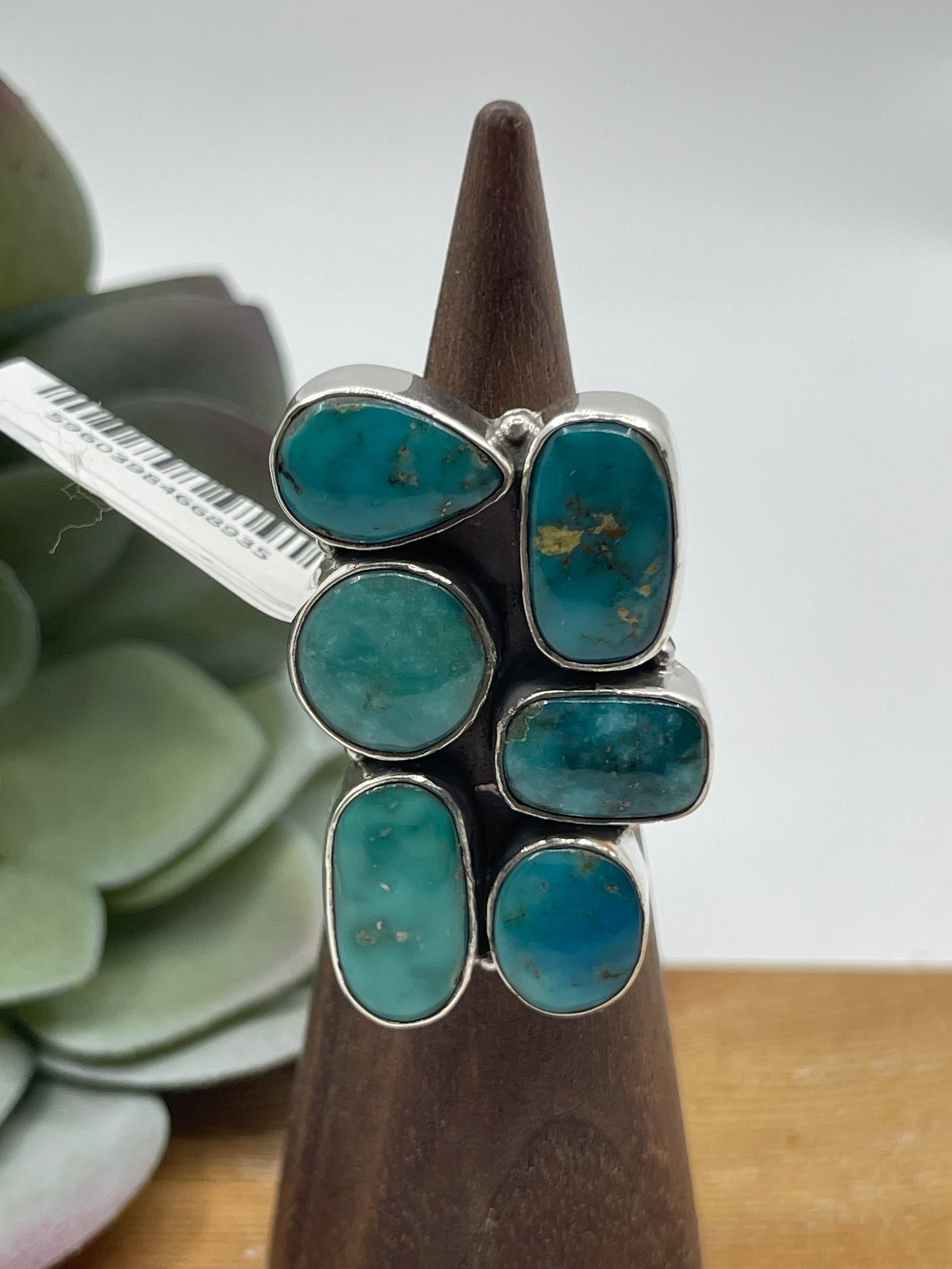 Adjustable 6 Stone Turquoise Ring with Stamped Band