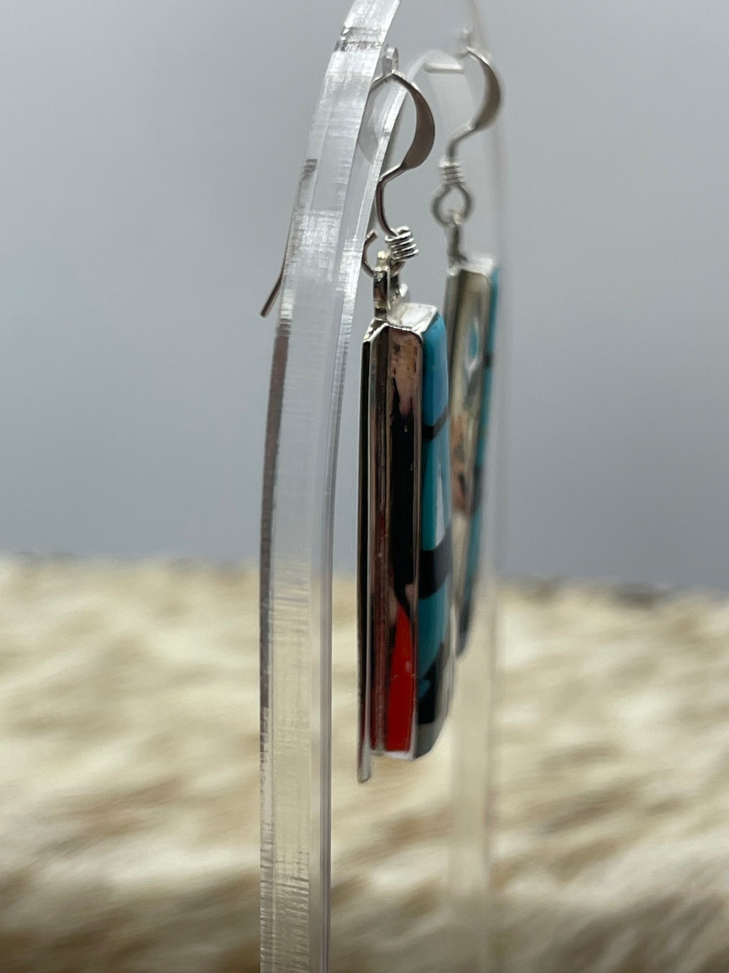 Inlaid Turquoise, Onyx, Mother of Pearl, and Red Coral Earrings by Patty Edaakie, Zuni