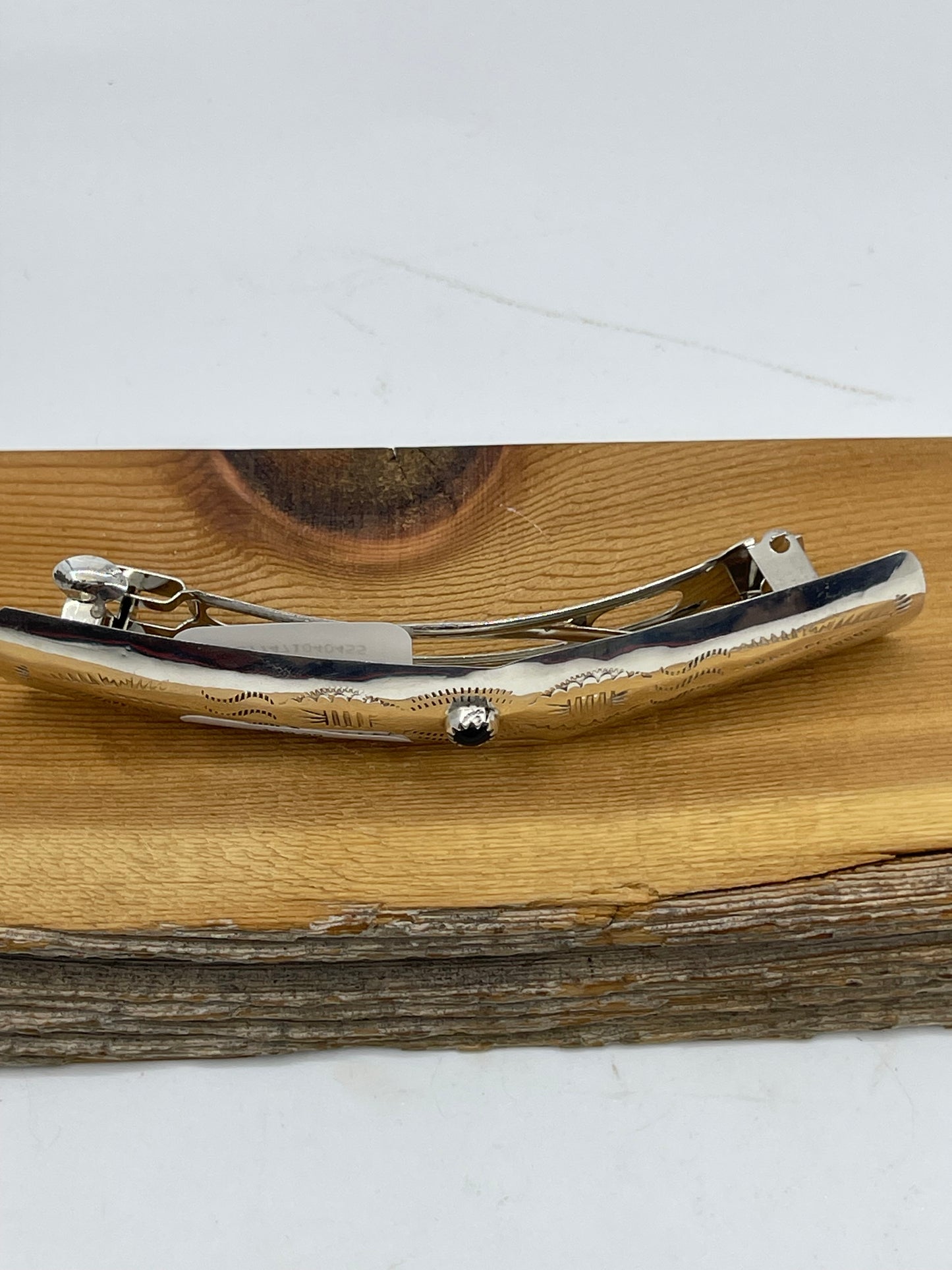 4" Silver Stamped Hair Barrette with Black Onyx, Navajo