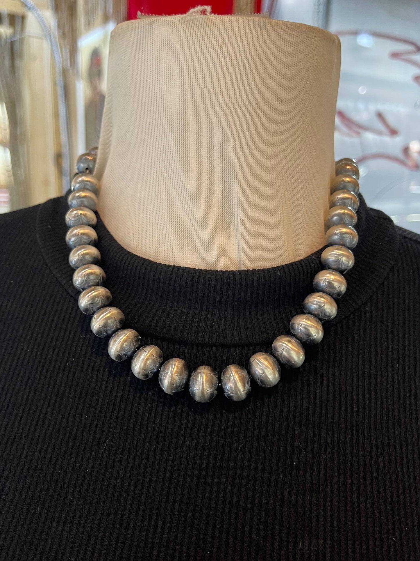 18" 12mm Stamped Handmade Navajo Pearls by Bryannen Halwood, Navajo