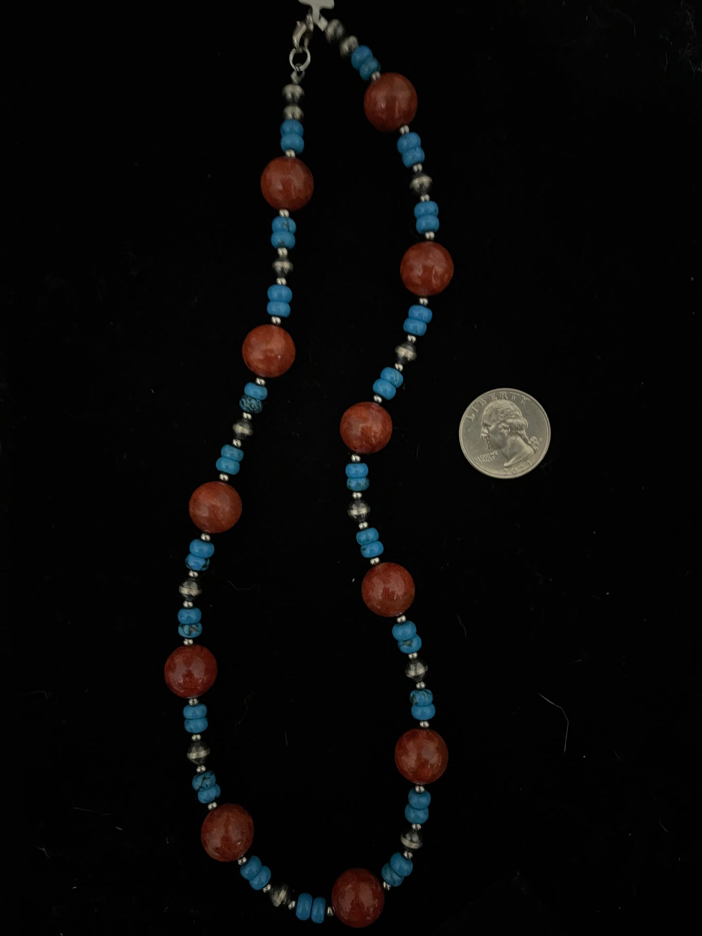 20" Turquoise, 14mm Red apple Coral, 3mm Silver Beaded Necklace