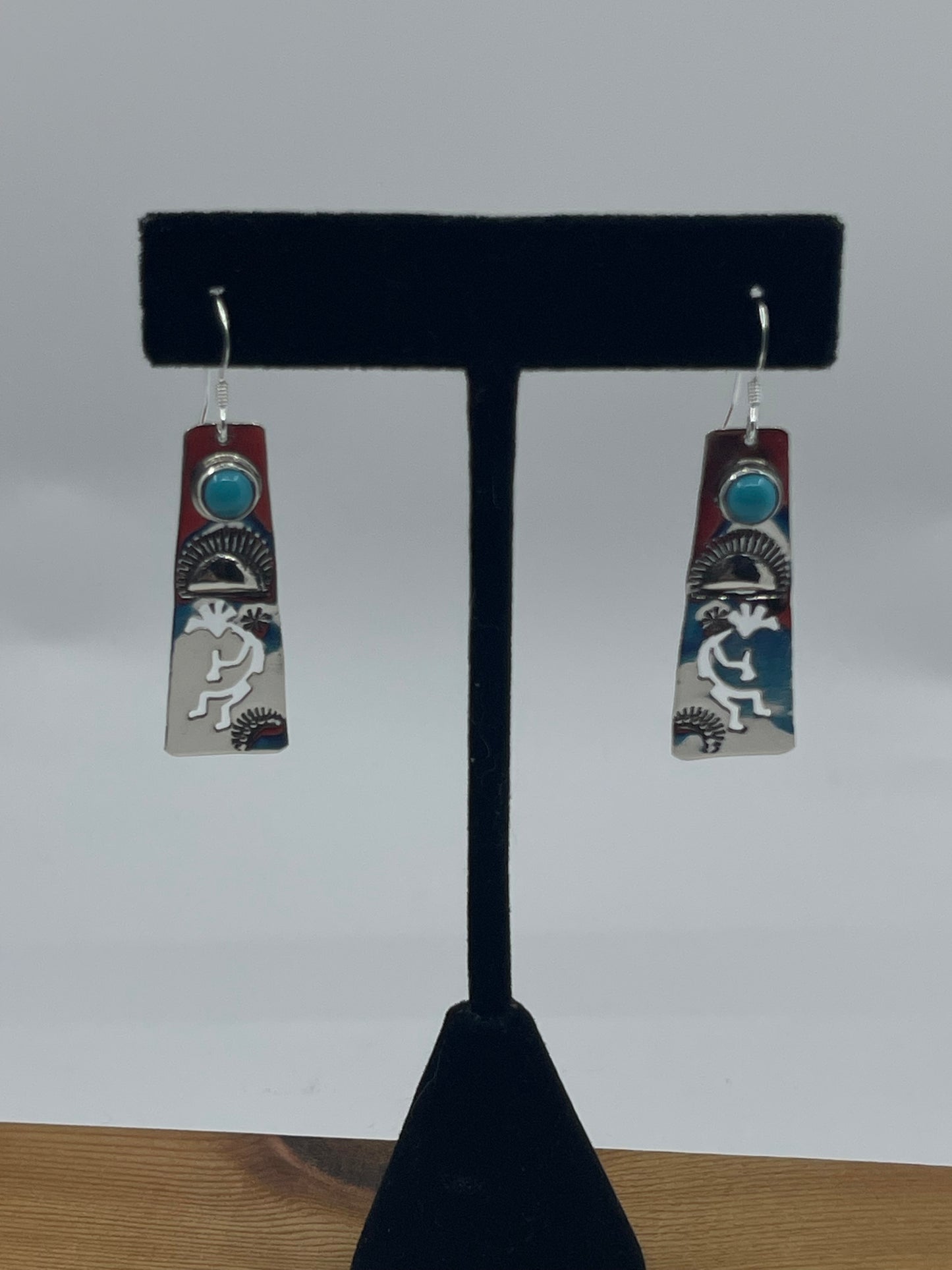 Turquoise Kokoopelli Dancer Dangle Earrings by Jeff James Jr, Navajo