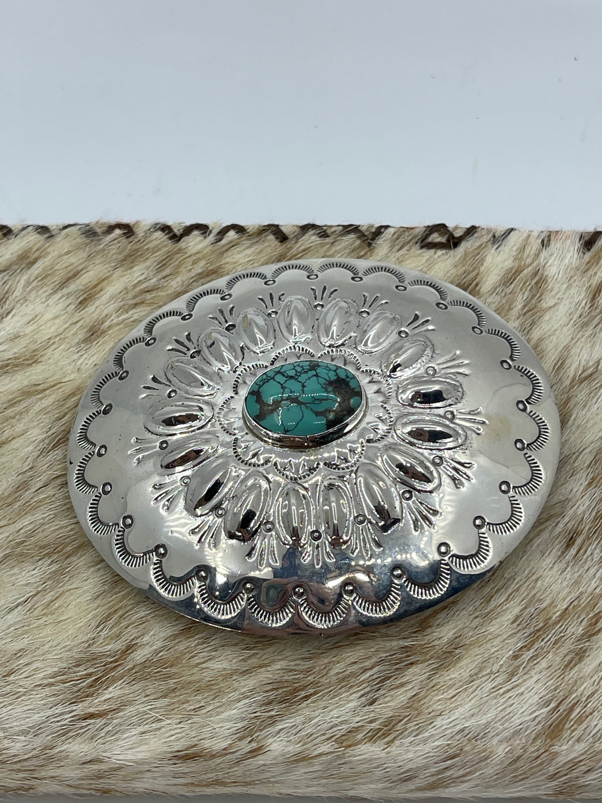 3 1/2"x3" Stamped Silber Buckle with Turquoise Stone by NB, Navajo