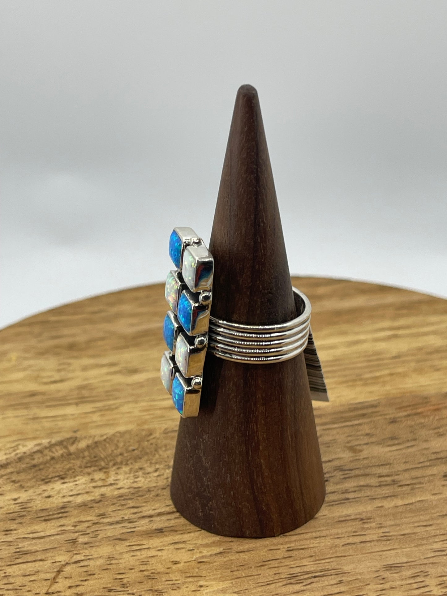 White And Blue Checkered Opal Ring