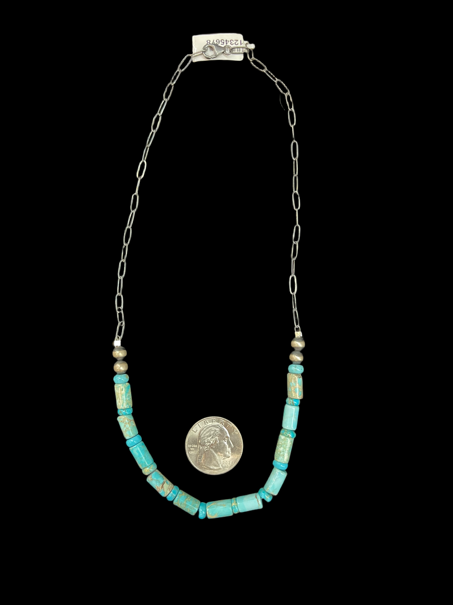 18" Turquoise Barrel Beads and Navajo Style Pearl Necklace
