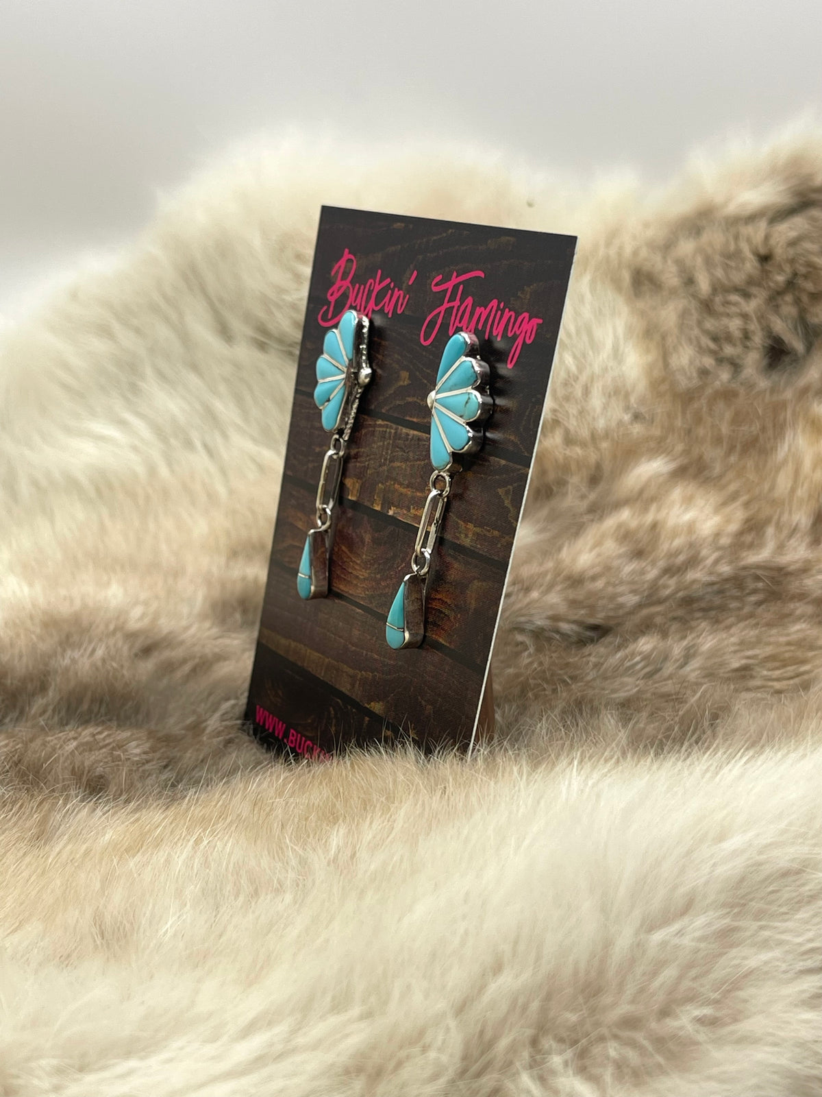 Half Cluster Inlay with Teardrop Dangle Earrings by Velda Nestacio, Zuni