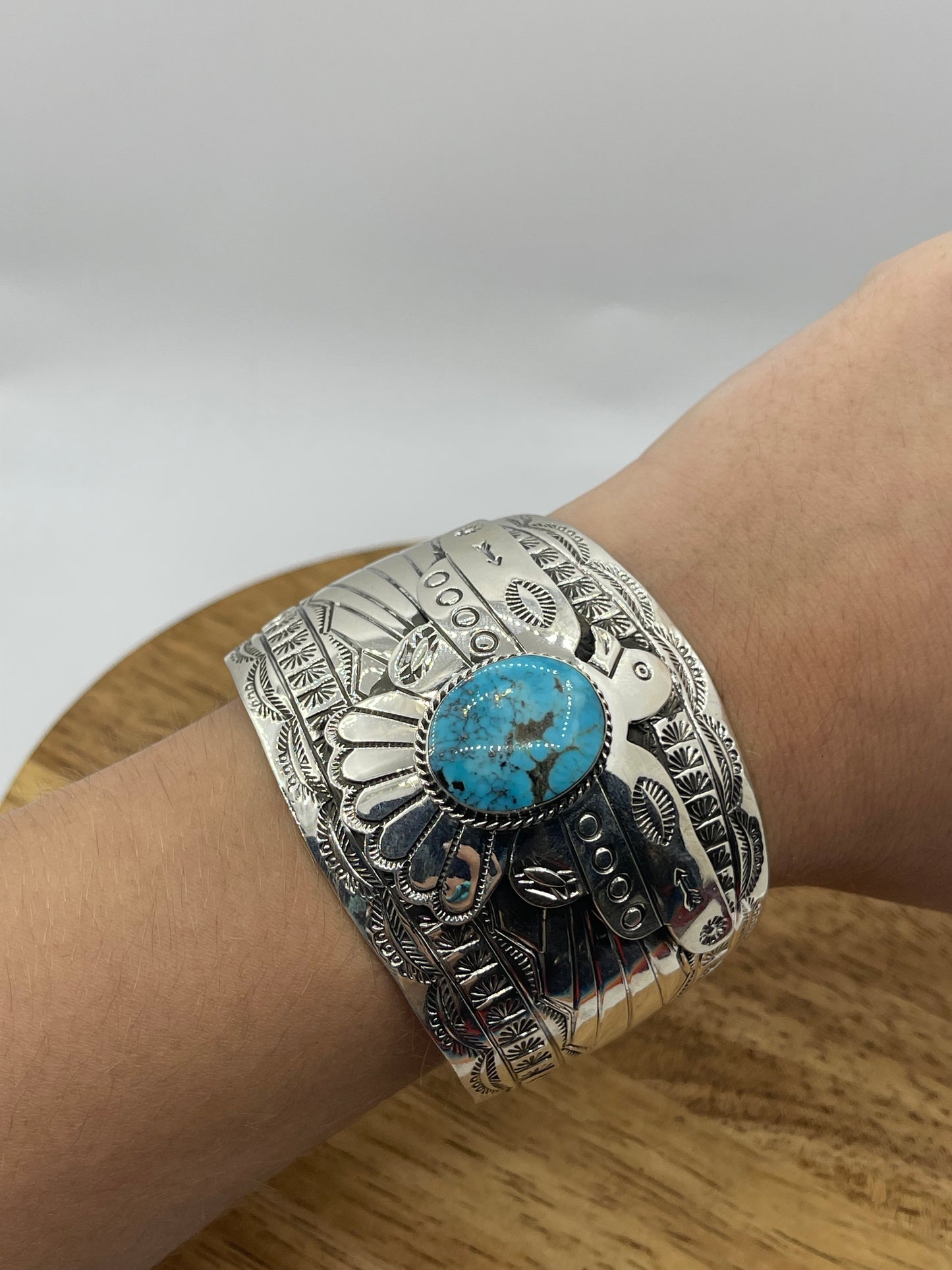 Thunderbird Cuff w/Turquoise by Evelyn BaHe, Navajo