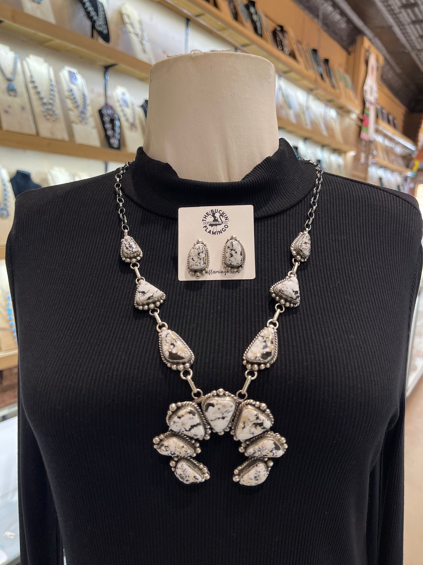 26" White Buffalo Naja Necklace & Earring Set by Elouise Kee, Navajo