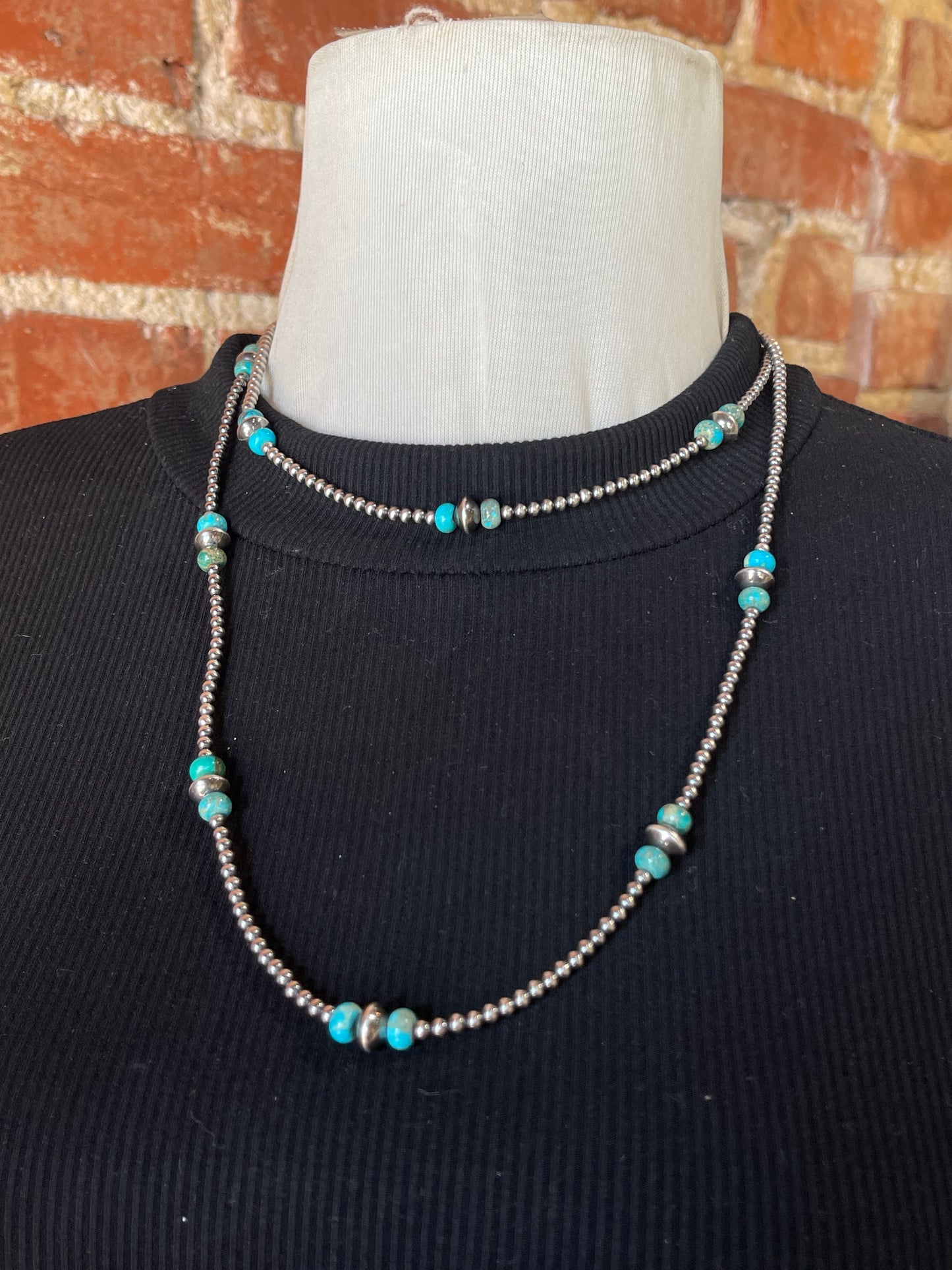 40" Navajo Style Pearls with Turquoise Varied Size Necklace