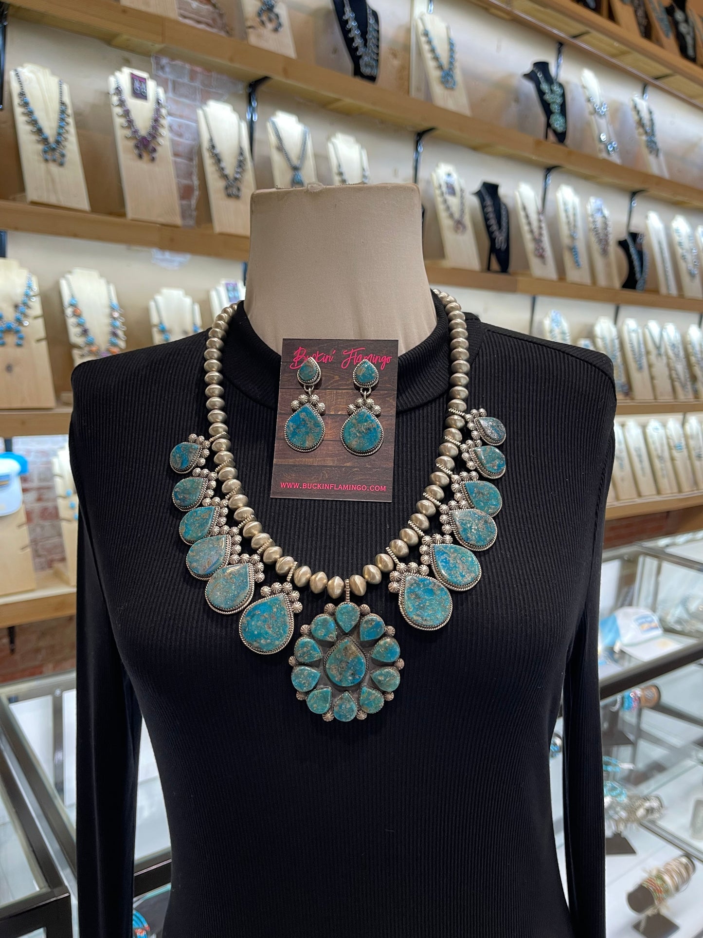 24” 24" Handmade Navajo Pearls Kingman Turquoise Cluster Necklace Squash Blossom & Earring Set by Selina Warner, Navajo