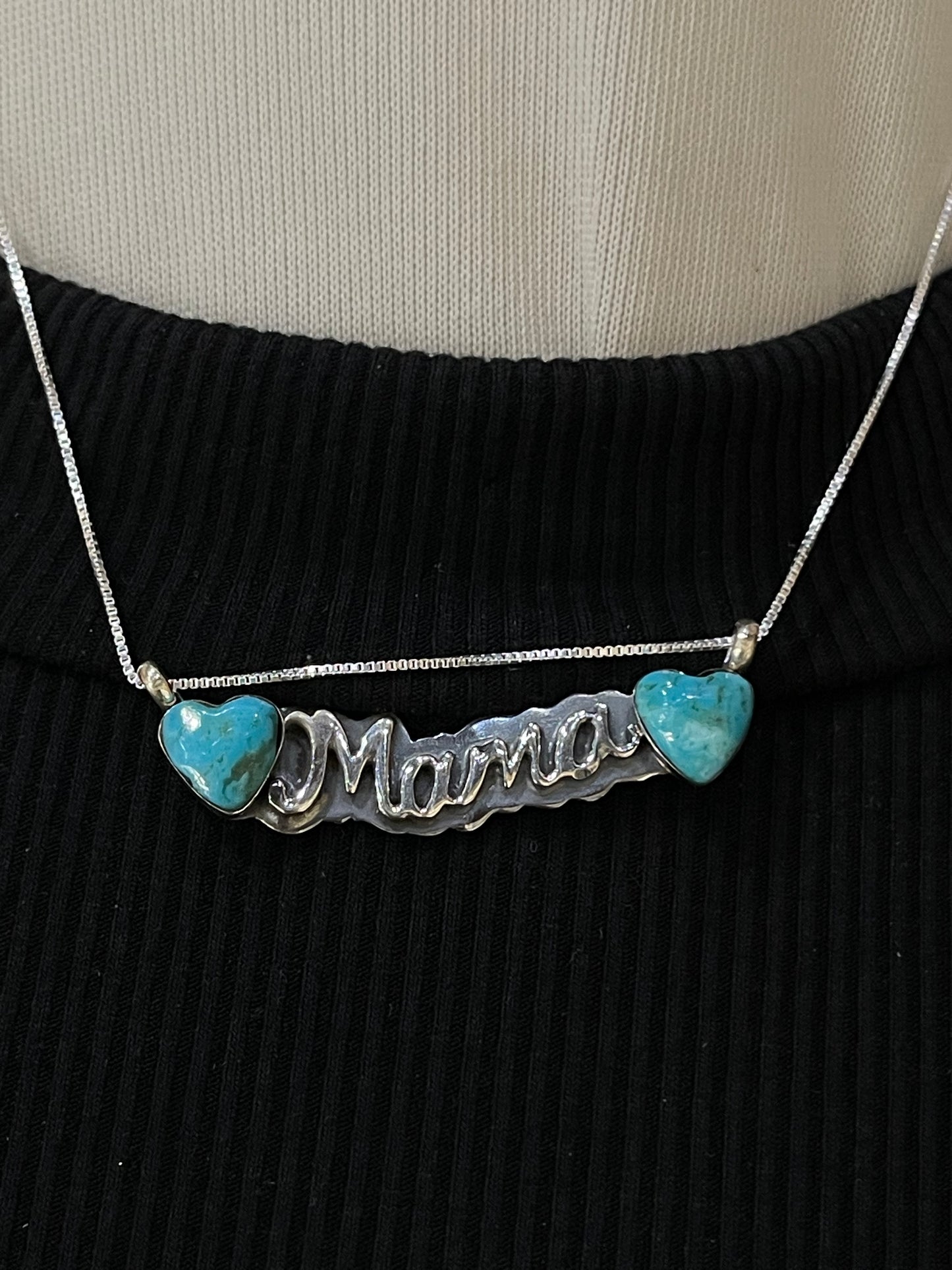 18" Turquoise Heart "MAMA" Necklace by Myra Benally, Navajo