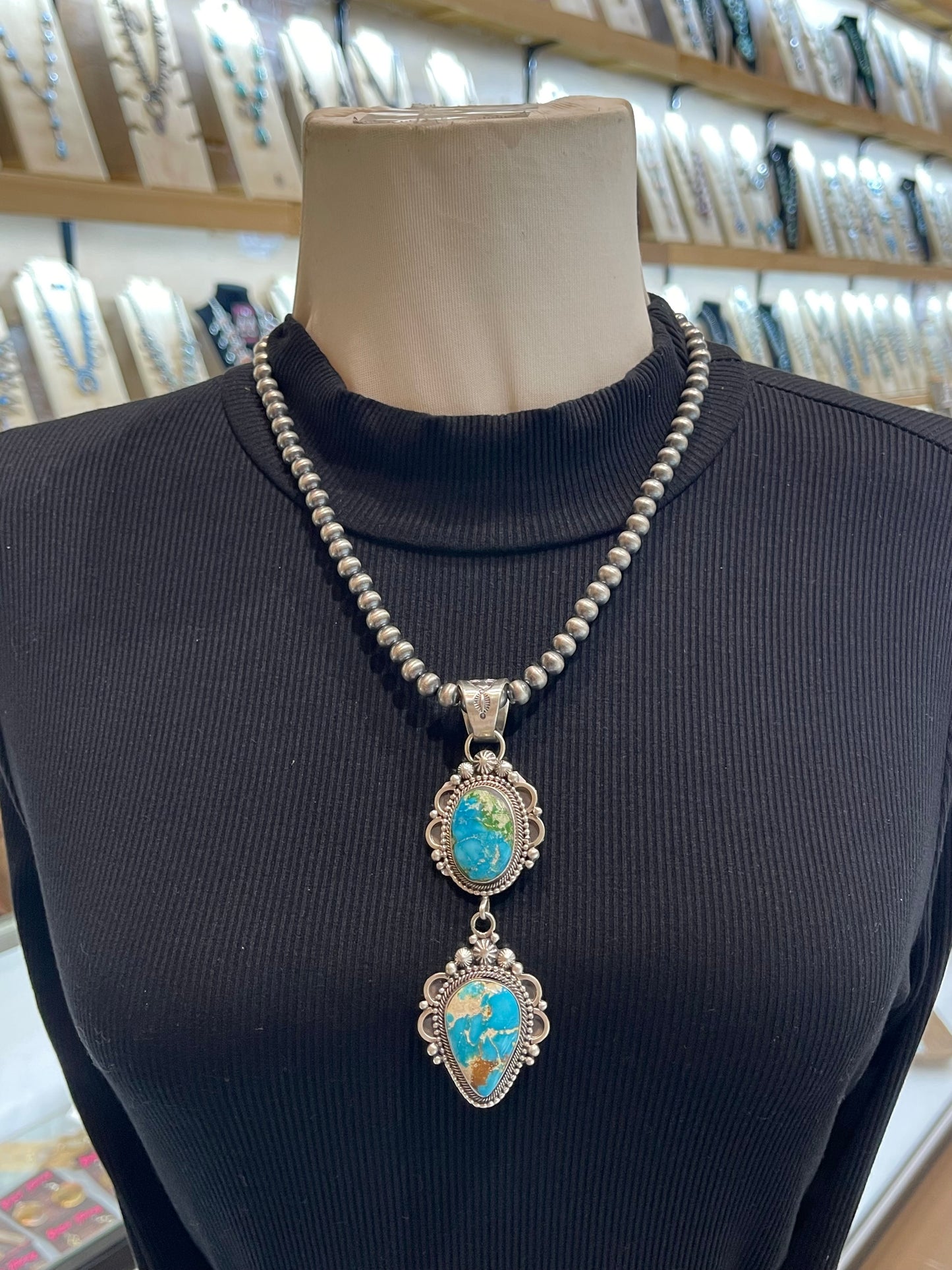 6mm 20" Navajo Style Pearl 2 Stone Sonoran Gold Turquoise Pendant by Tom Lewis, Navajo