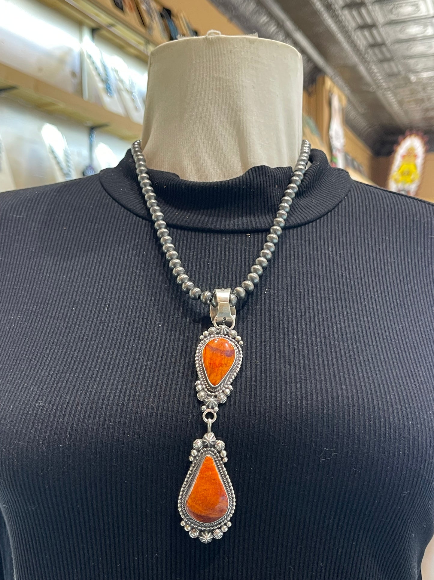 2 Stone Orange Spiny Oyster Pendant on 20" 7mm Navajo Style Pearls by Tom Lewis, Navajo