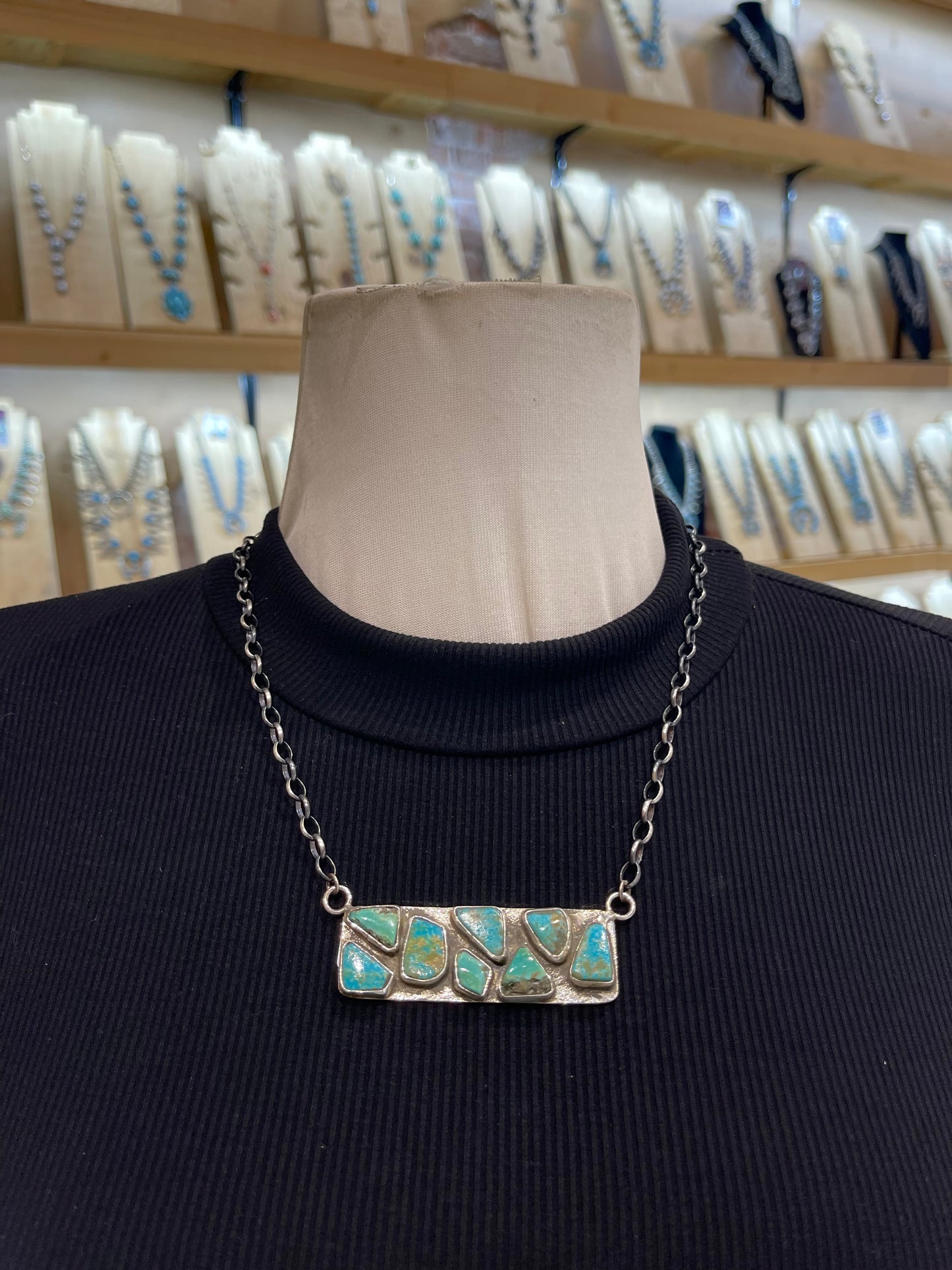 18" 8 Stone Turquoise Bar Necklace by Jade Candelaria, Zuni