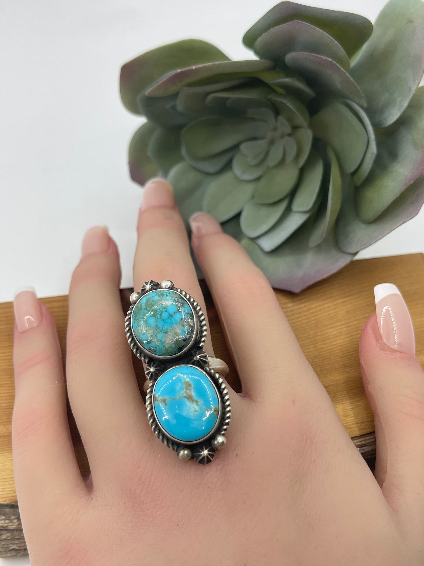 Adjustable 2 Stone Turquoise Ring, Navajo Made