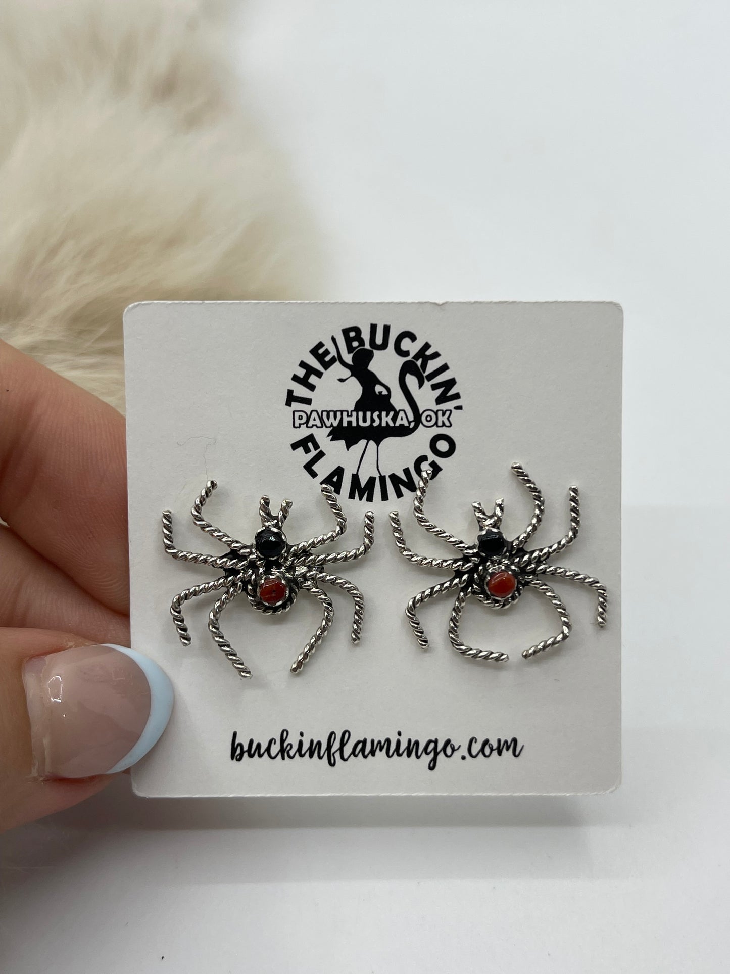 Red Coral & Black Onyx Spider Post Earrings by Gilbert Weebothee, Zuni