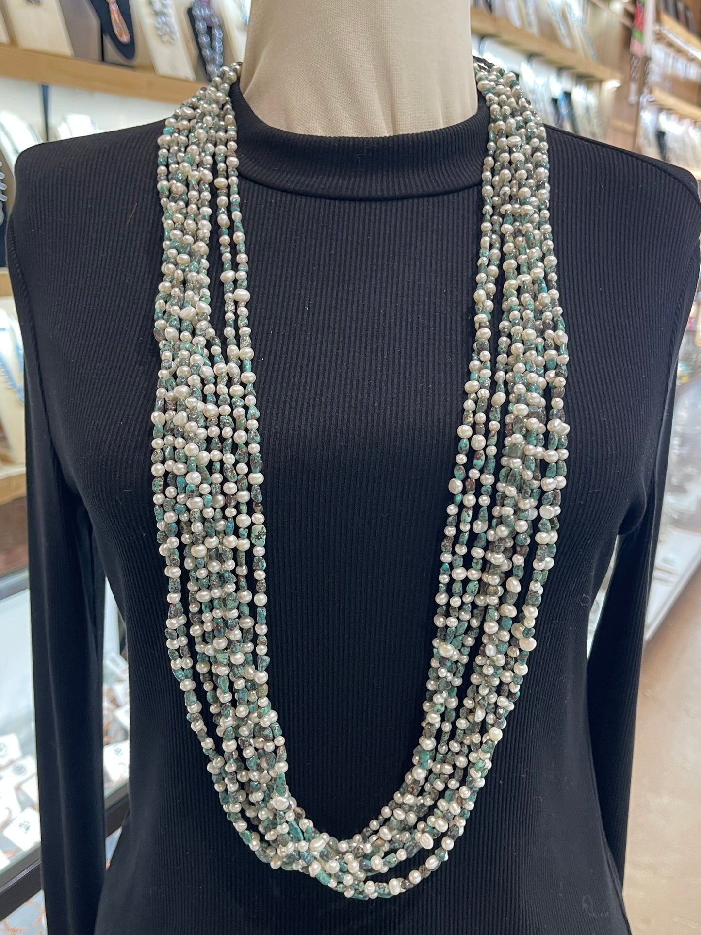 32" 10-strand Freshwater Pearl Necklace & Turquoise Necklace by Jolene Bird, Santo Domingo