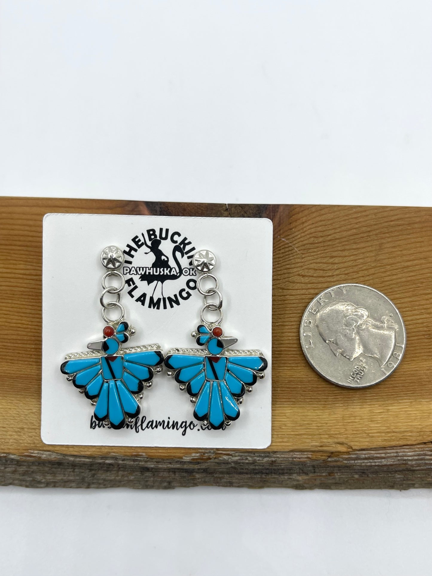Coral, Turquoise, Black Onyx, and Pearl Thunderbird Post Dangle Earrings by Michelle Peina, Zuni