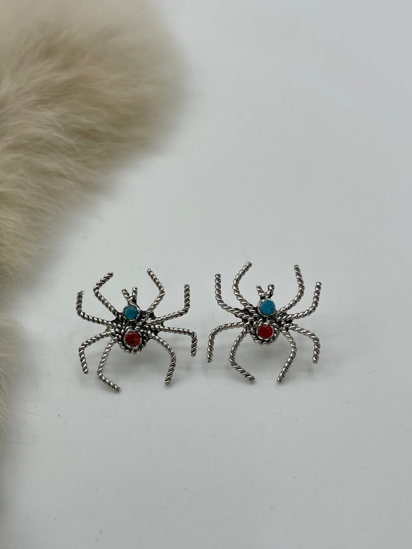Red Coral & Turquoise Spider Post Earrings by Gilbert Weebothee, Zuni