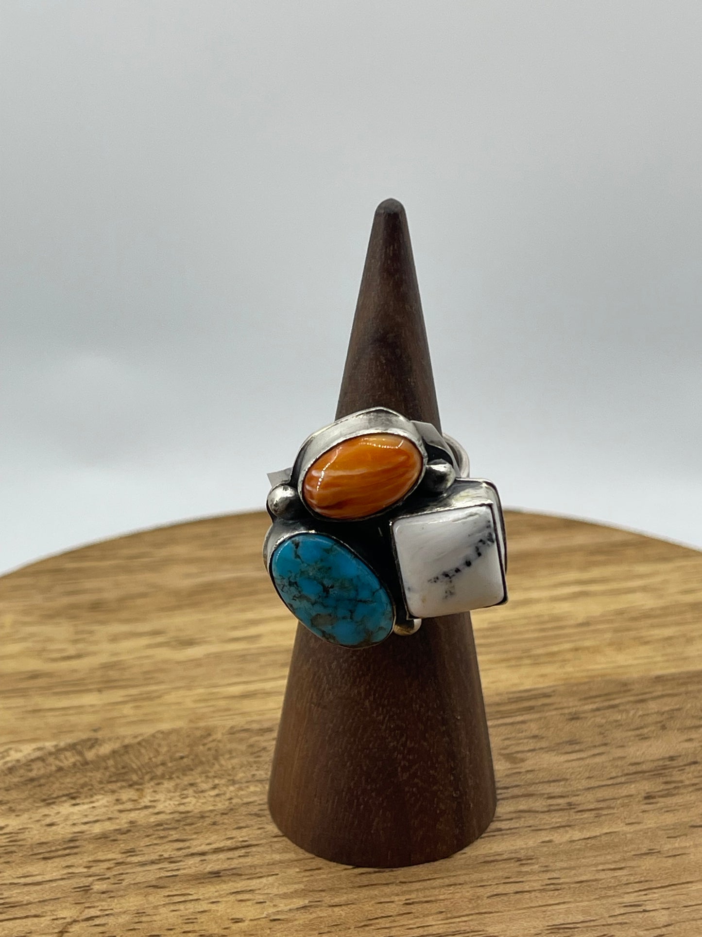 Adjustable Orange Spiny, White Buffalo, and Turquoise Cluster Ring