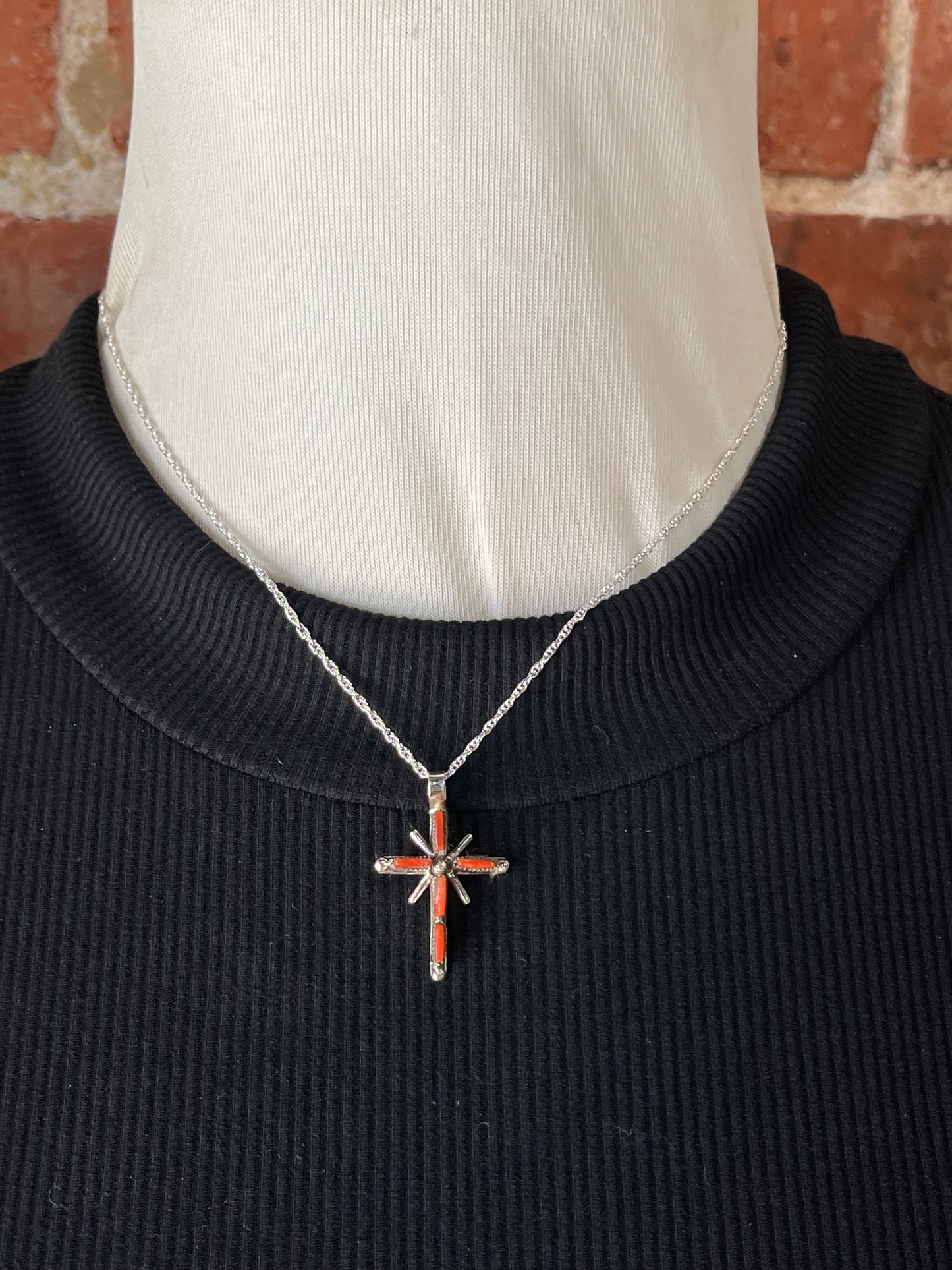 16" Red Coral Inlay Cross Necklace by Jill Peywa, Zuni