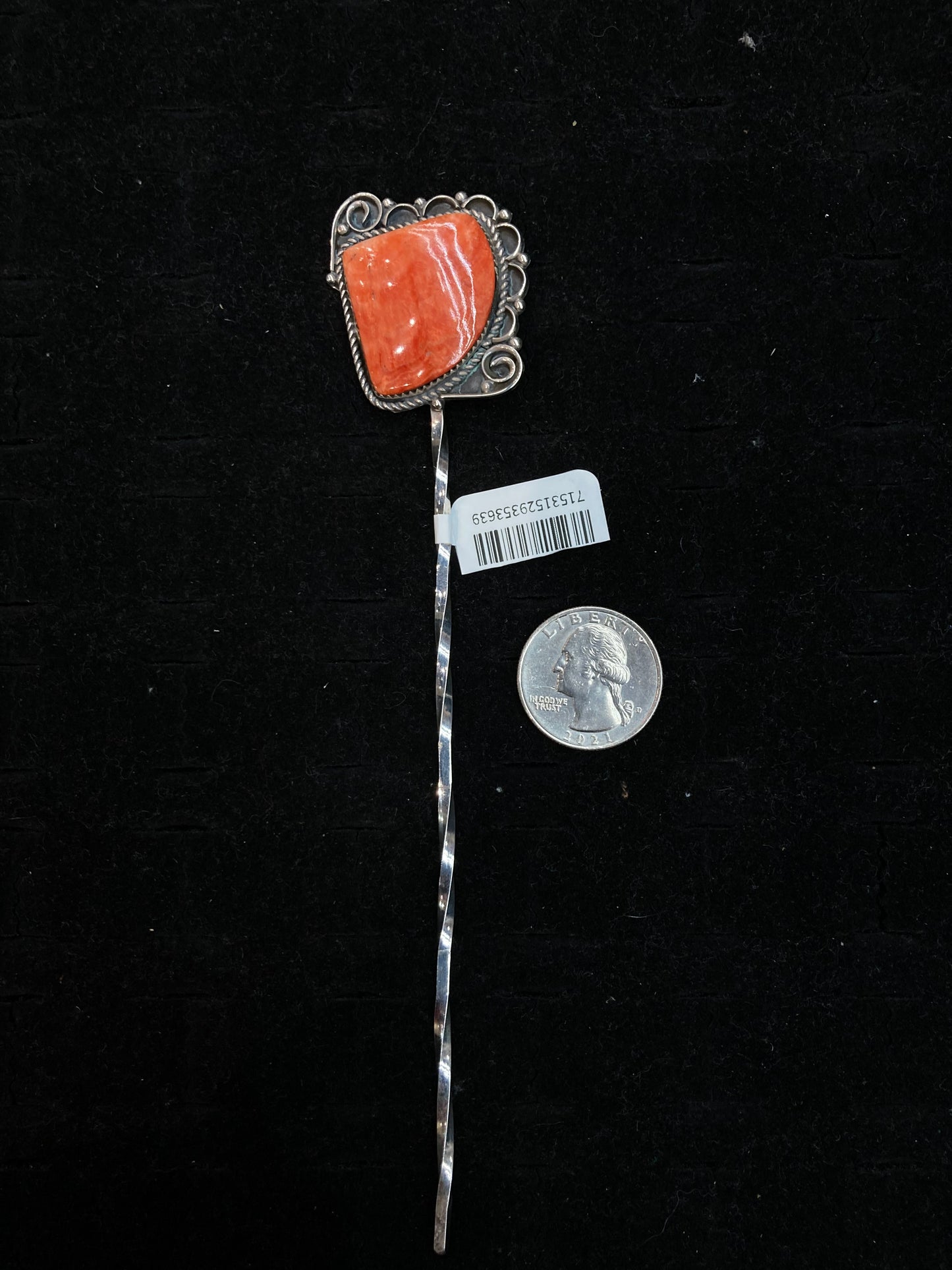 Orange Spiny Oyster Hair Stick Pin by Lorenzo Arviso, Navajo