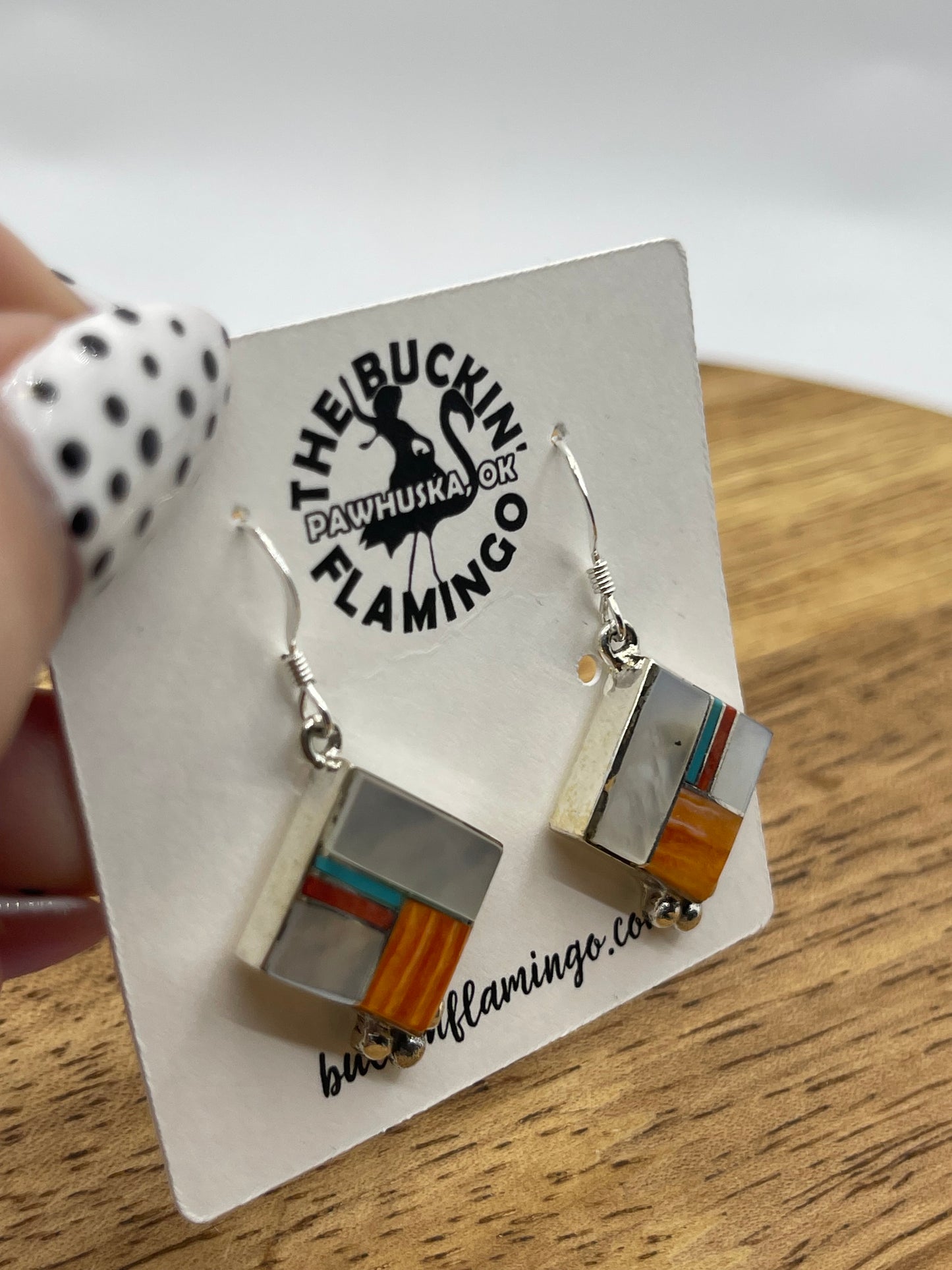 Inlay Pearl, Orange Spiny, and Turquoise Dangle Earrings by James ManyGoats, Navajo