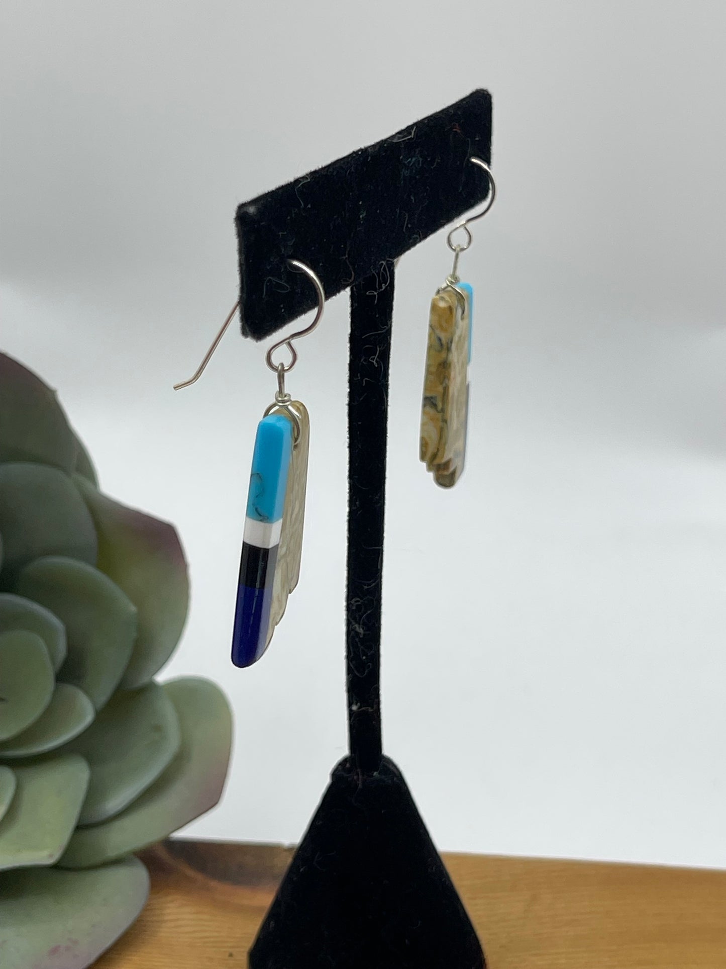 2" Boulder Ribbon Turquoise, Lapis, and Black Onyx Dangle Earrings
