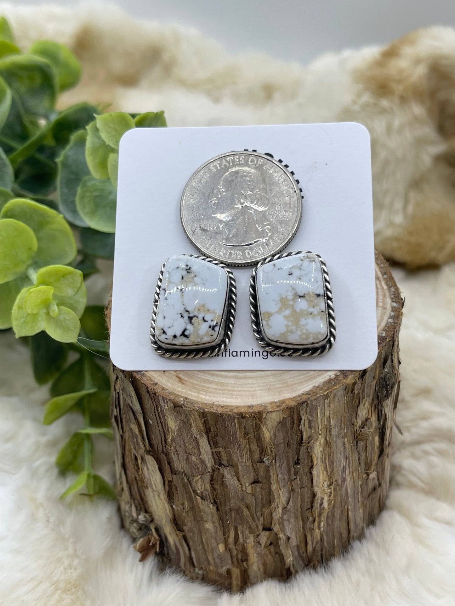 Square White Buffalo Earrings By Elouise Kee, Navajo